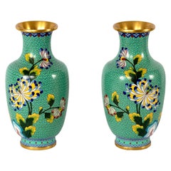 Pair of Green Meiji Cloisonné Vases with Chrysanthemums