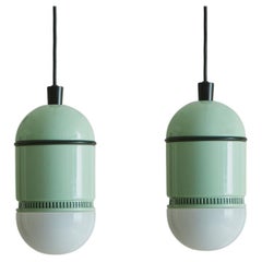 Pair of Green Metal + Glass Capsule Pendants Attributed to Flos, Italy 1980s 