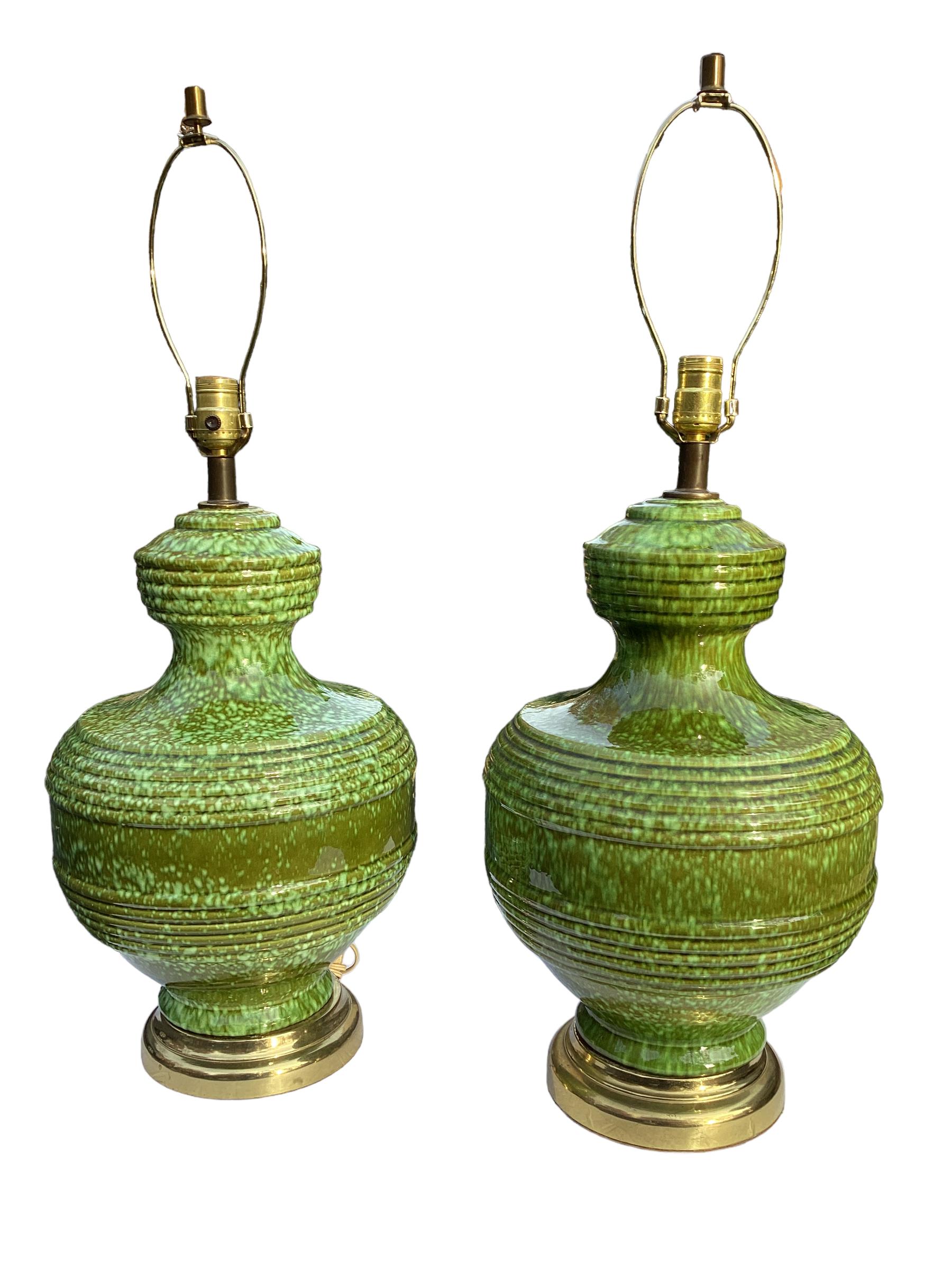 Pair of Green Mid-Century Italian Ceramic Lamps, circa 1960s 2