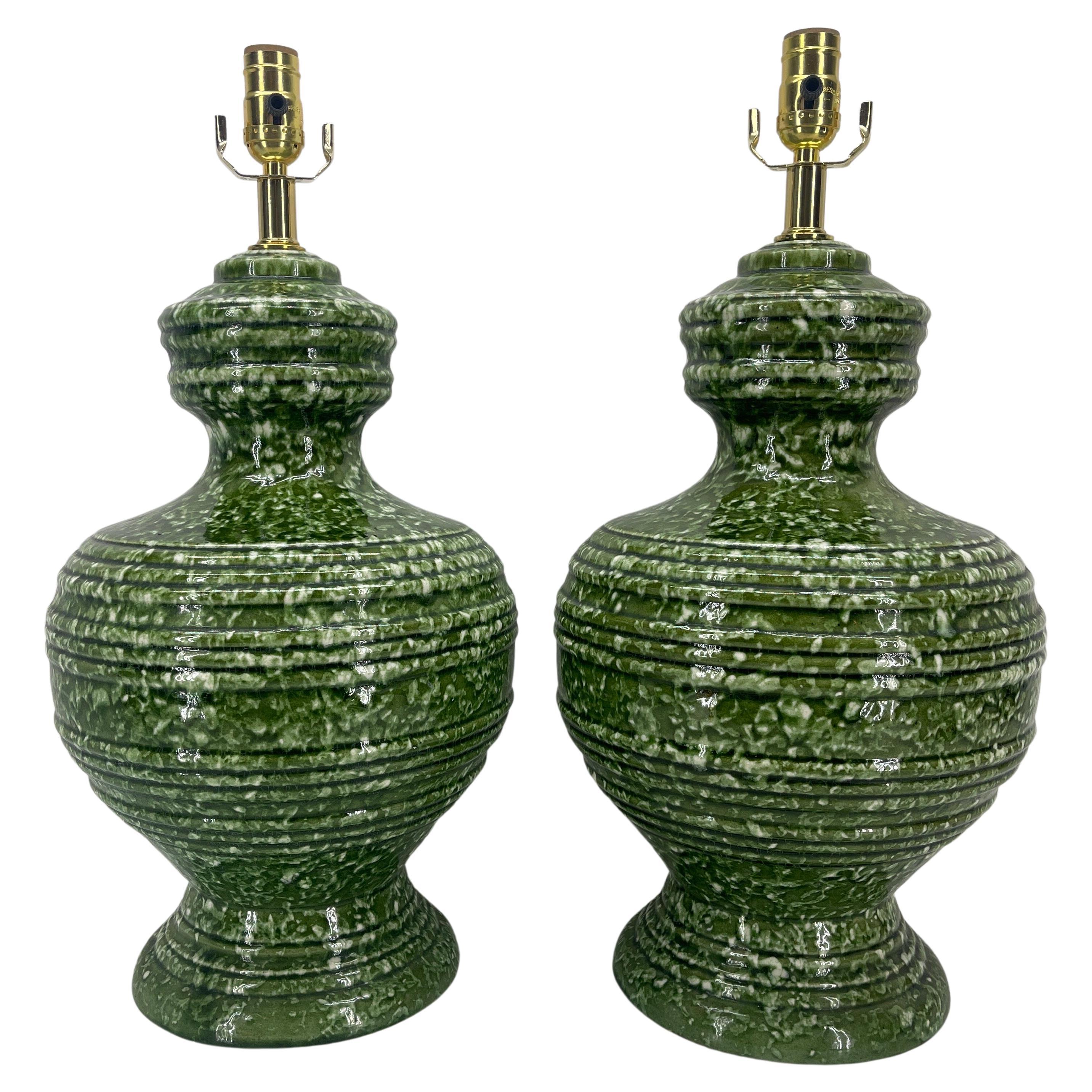 Pair of Green Mid-Century Italian Ceramic Lamps, circa 1960s