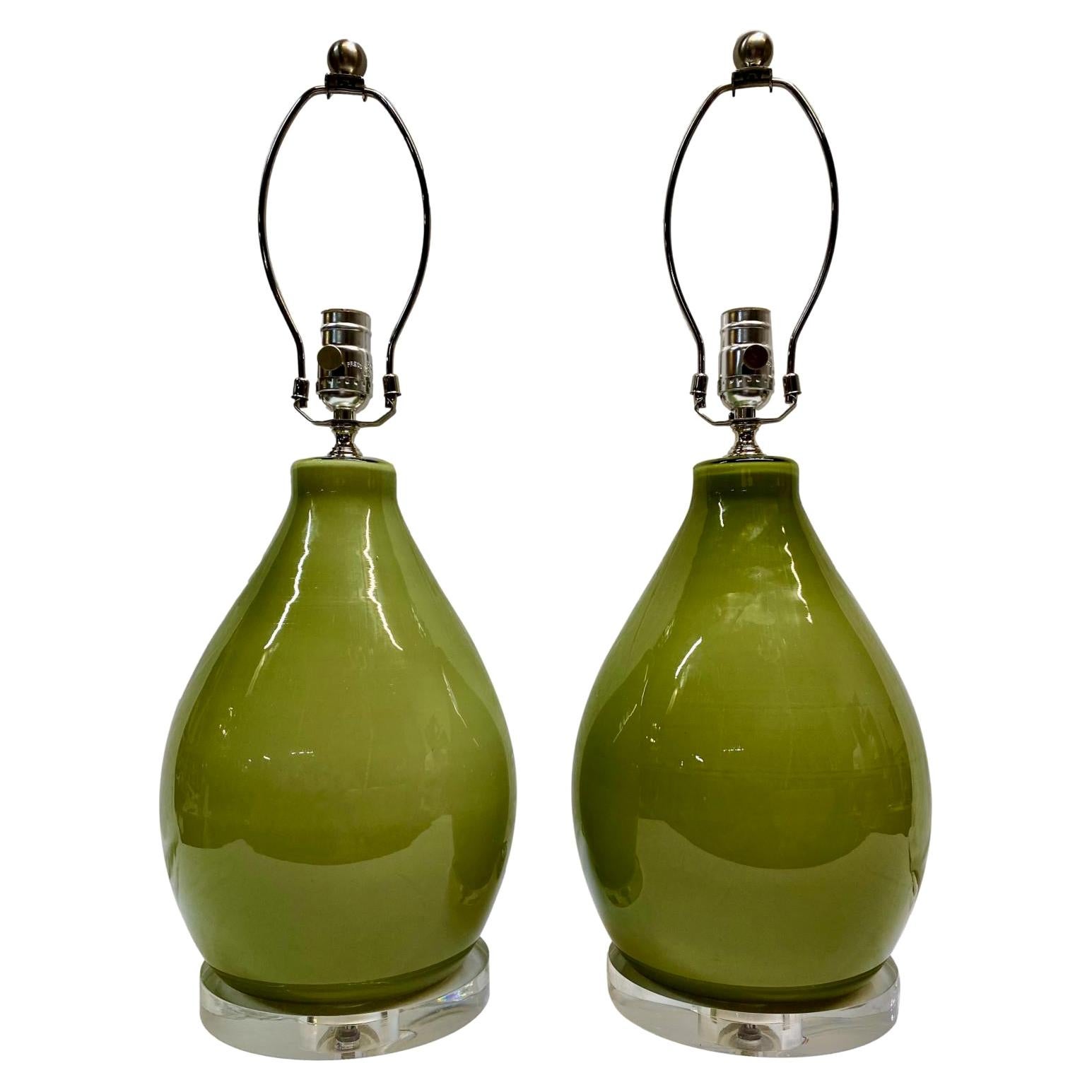 Pair of Green Mid Century Porcelain Table Lamps