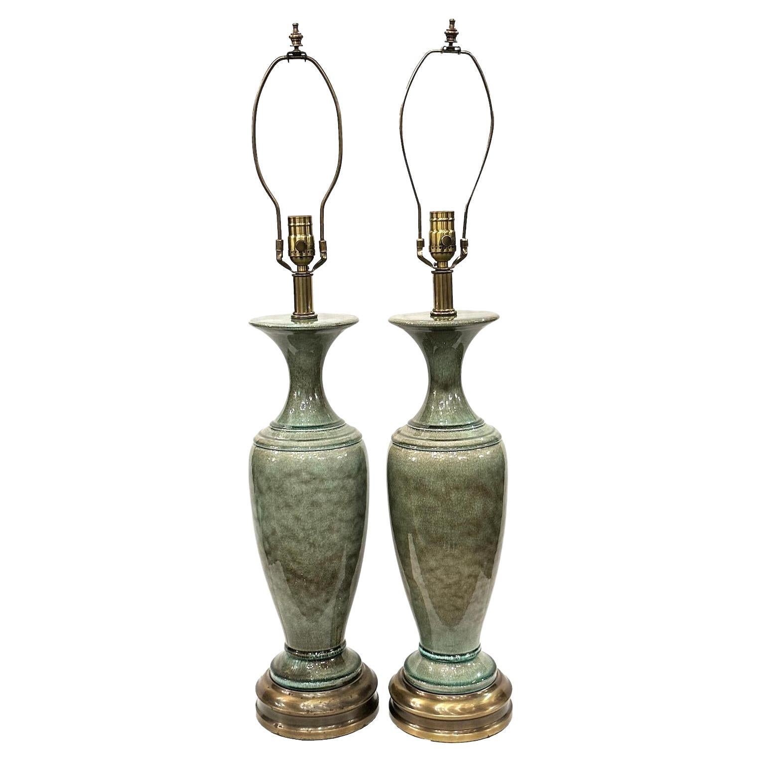 Pair of Green Midcentury Porcelain Lamps For Sale