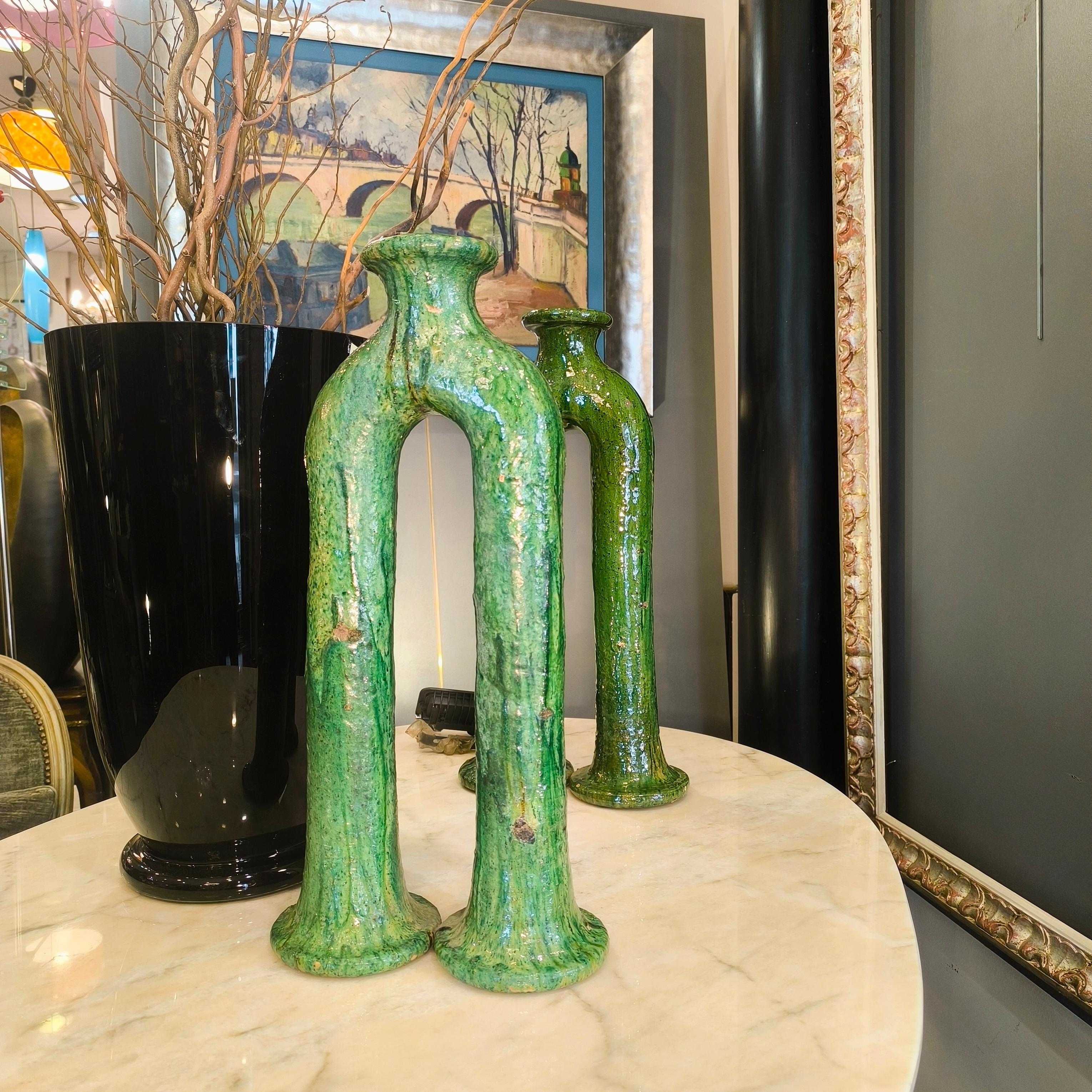 Marocain Paire de chandeliers marocains verts en céramique Tamegroute verte en vente