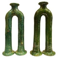 Pareja de candelabros marroquíes de cerámica verde Tamegroute