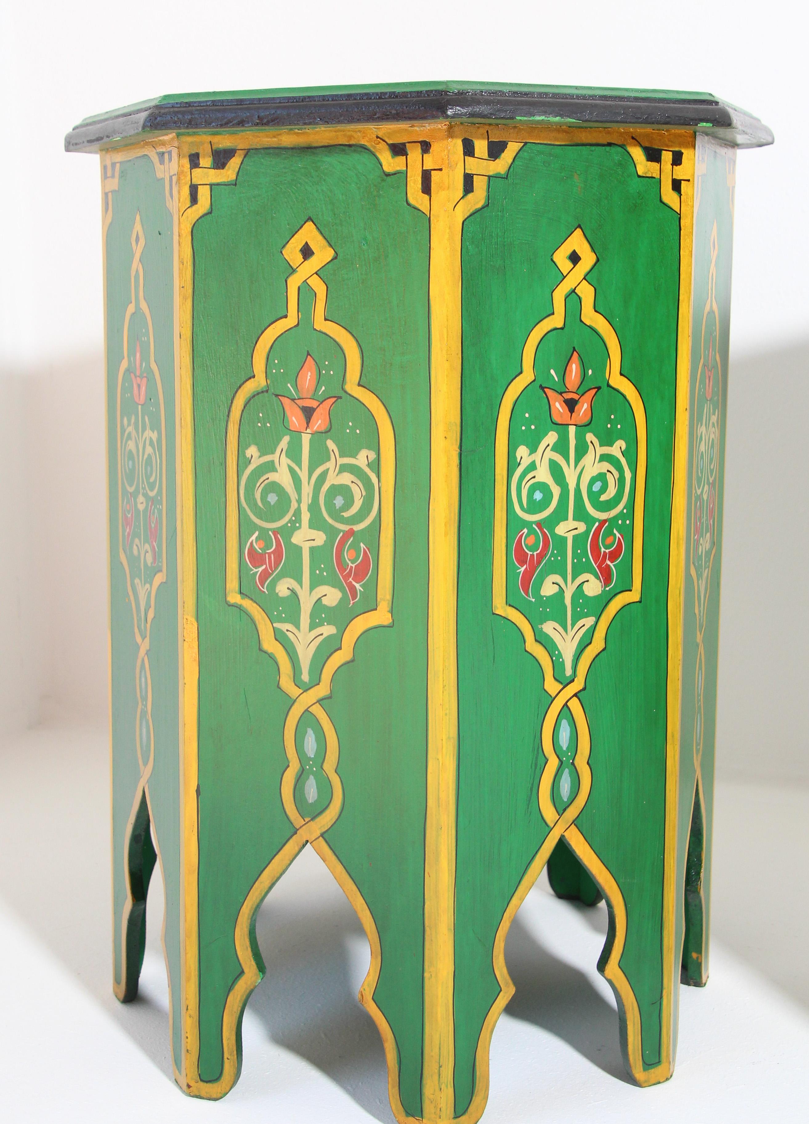 Pair of Green Moroccan Hand Painted Pedestal Tables 3