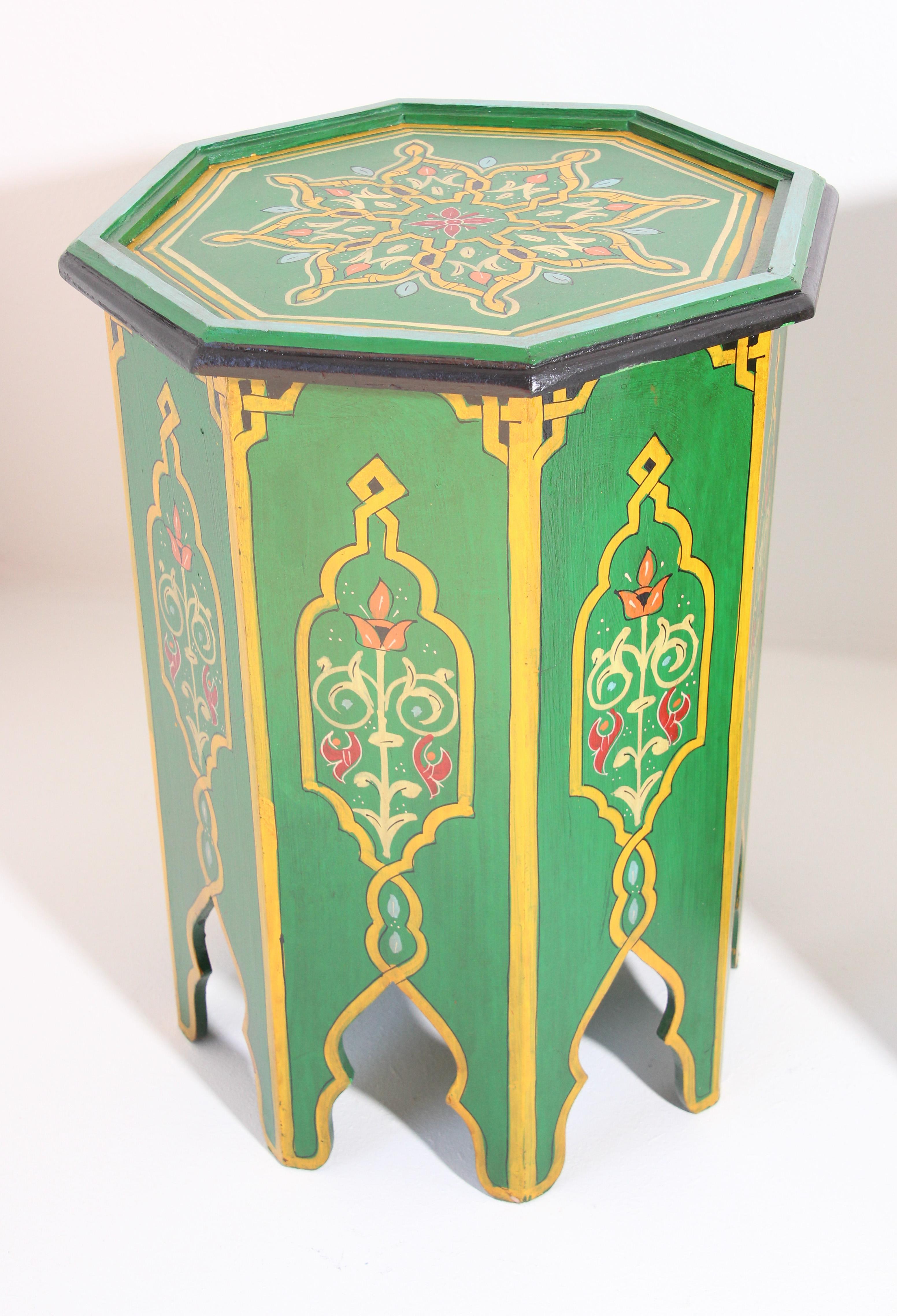 Pair of Green Moroccan Hand Painted Pedestal Tables 4