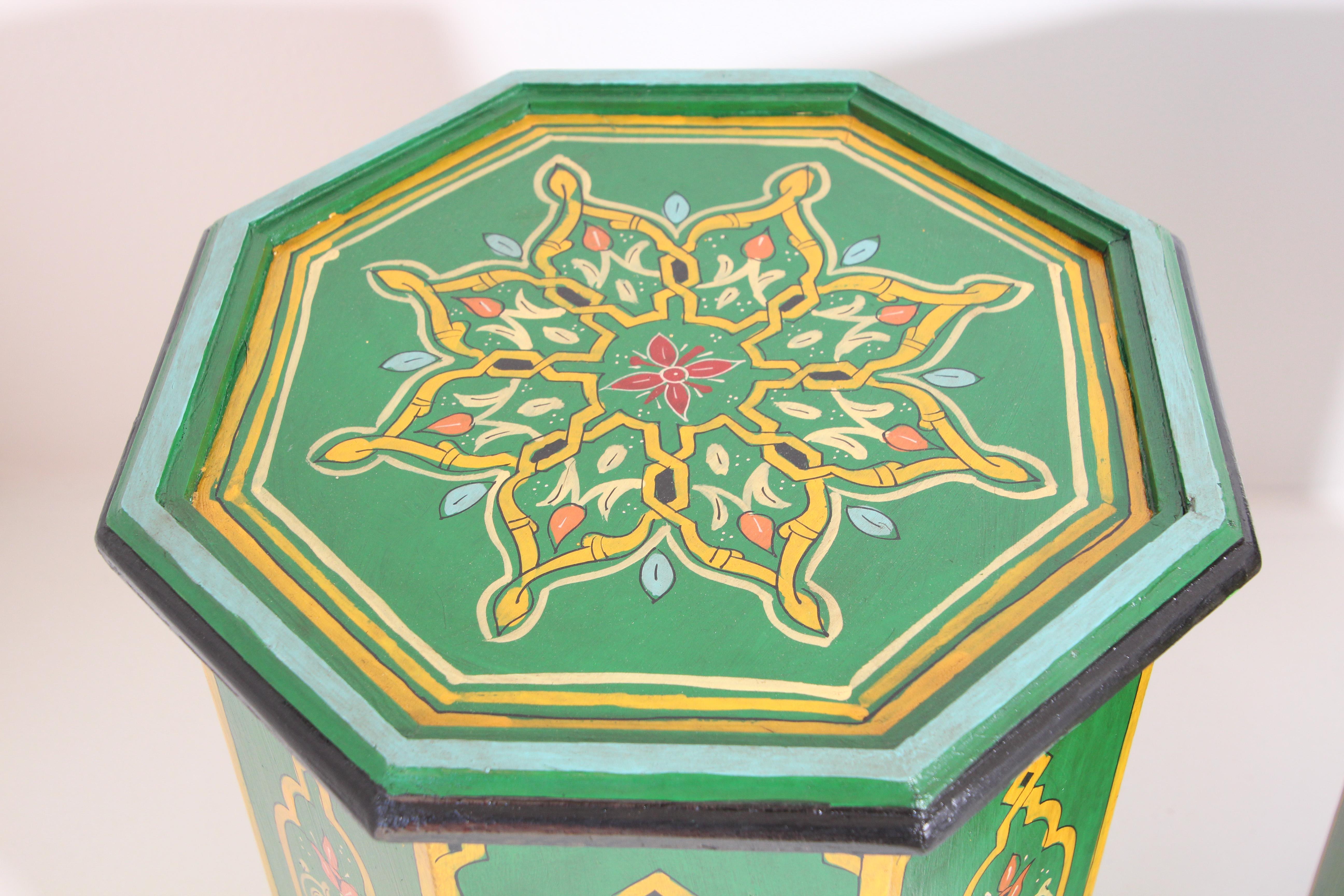 Pair of Green Moroccan Hand Painted Pedestal Tables 5