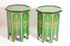 Pair of Green Moroccan Hand Painted Pedestal Tables