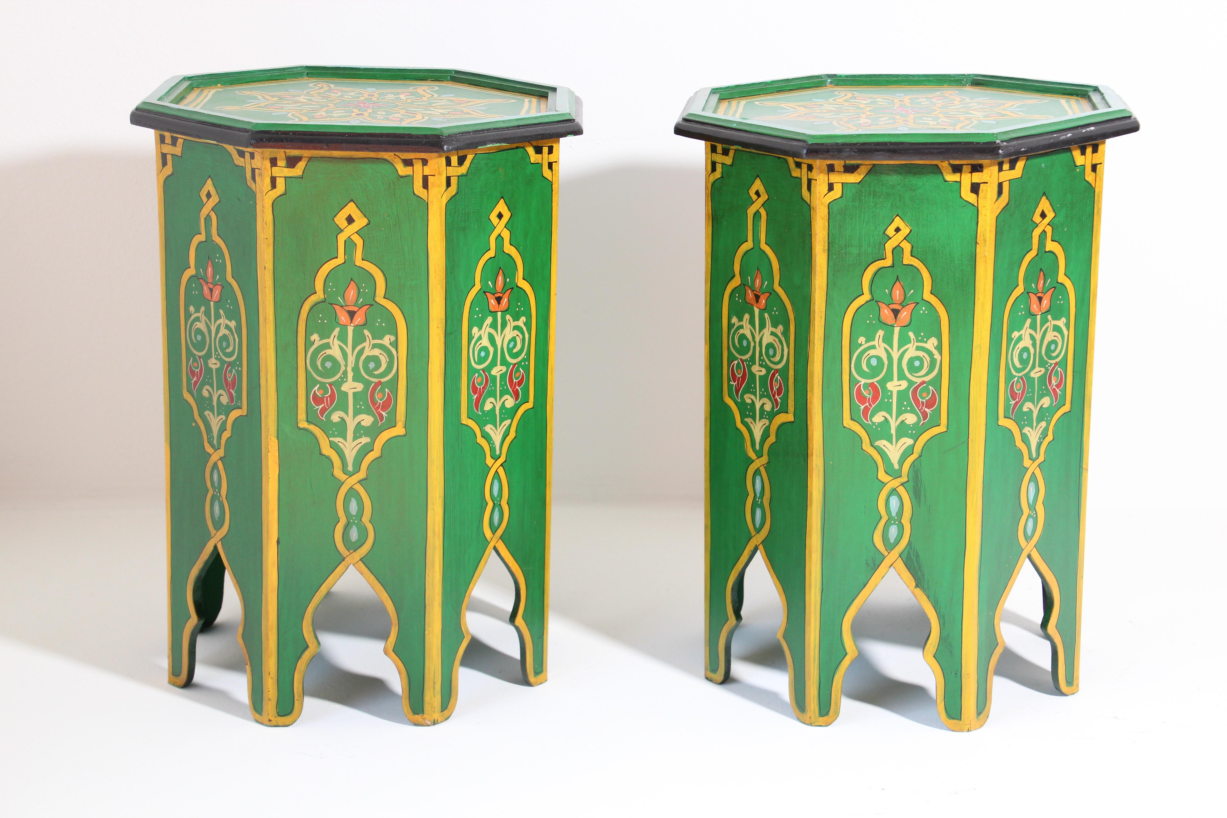 Bohemian Pair of Green Moroccan Hand Painted Pedestal Tables
