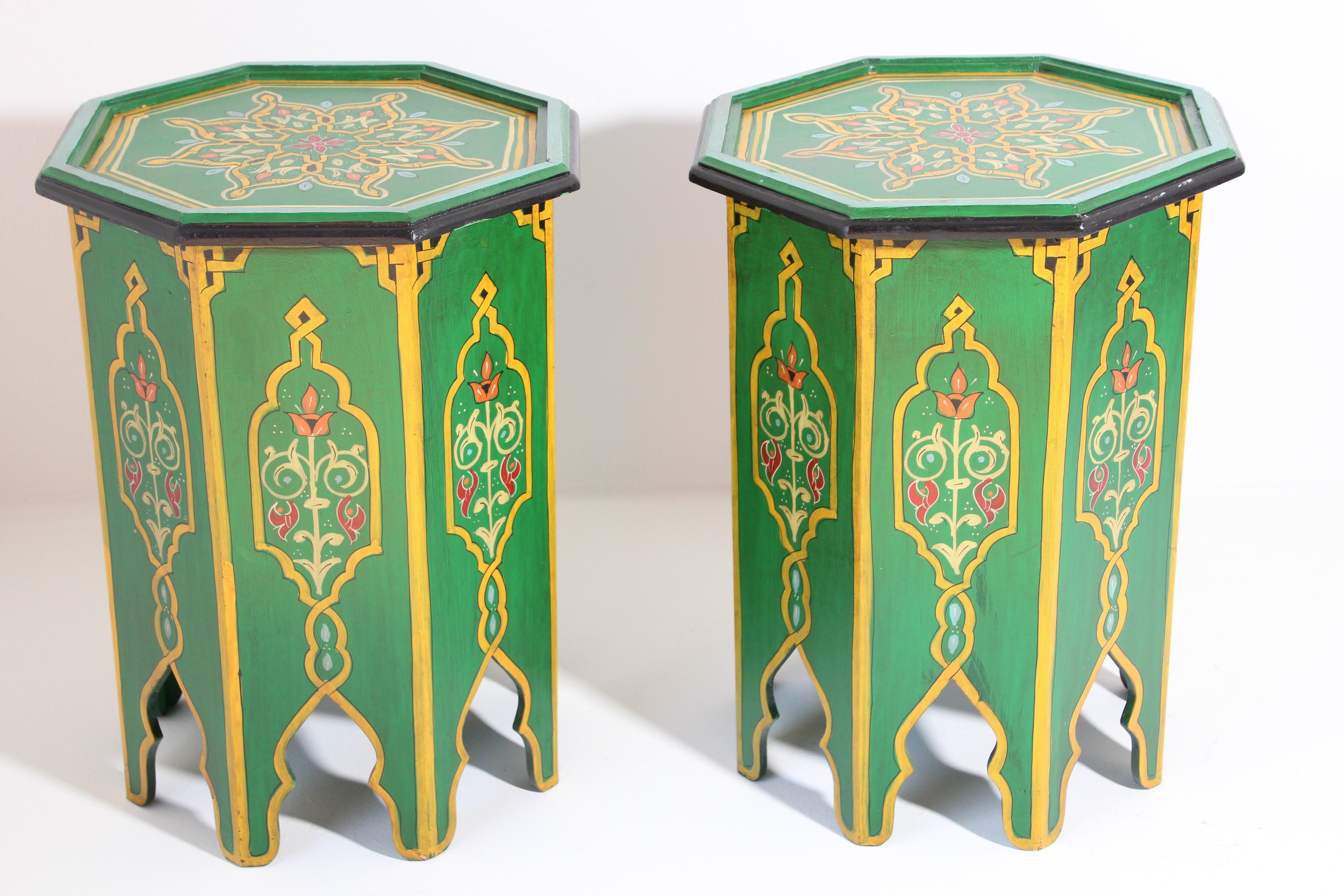 Hand-Crafted Pair of Green Moroccan Hand Painted Pedestal Tables