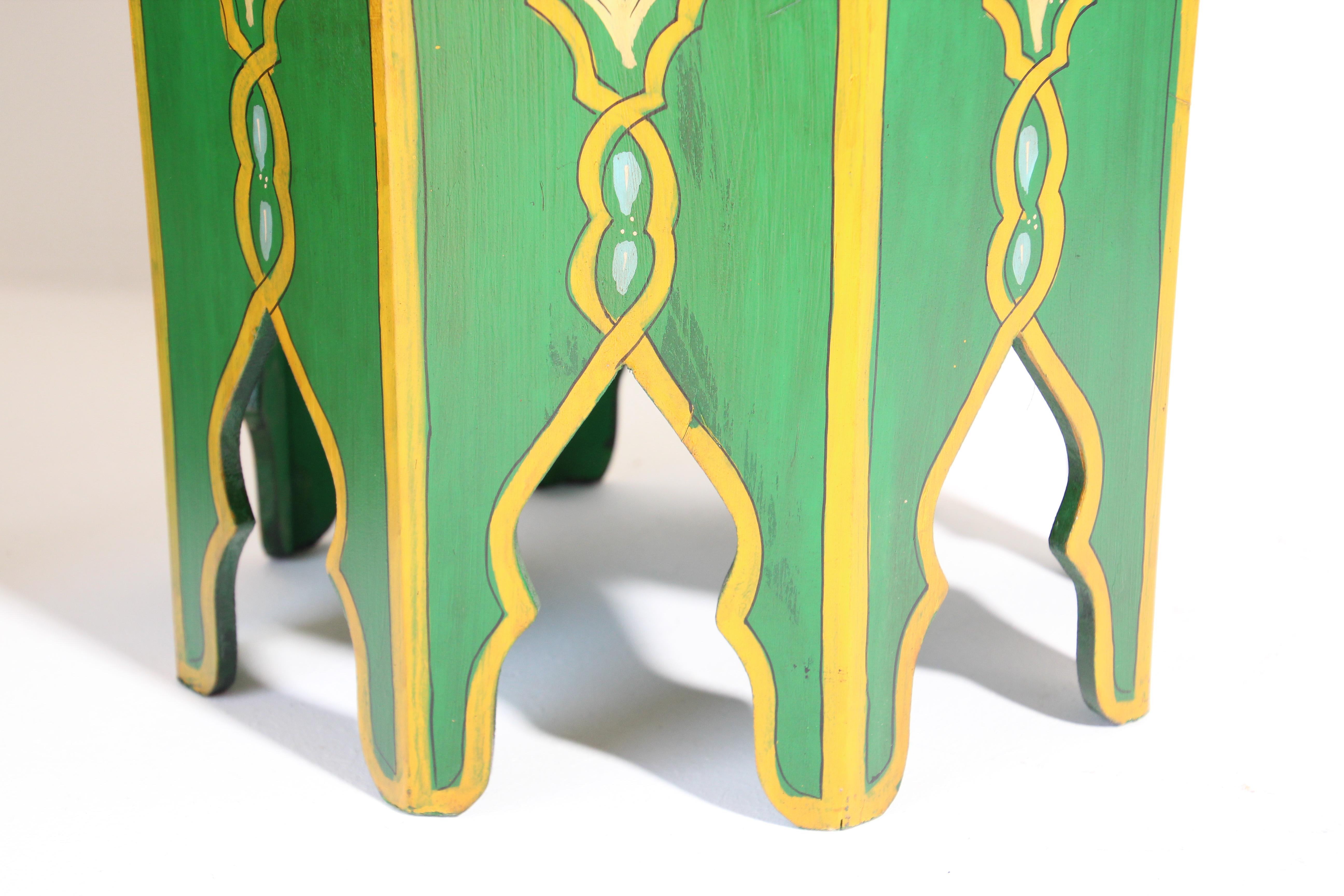 Wood Pair of Green Moroccan Hand Painted Pedestal Tables