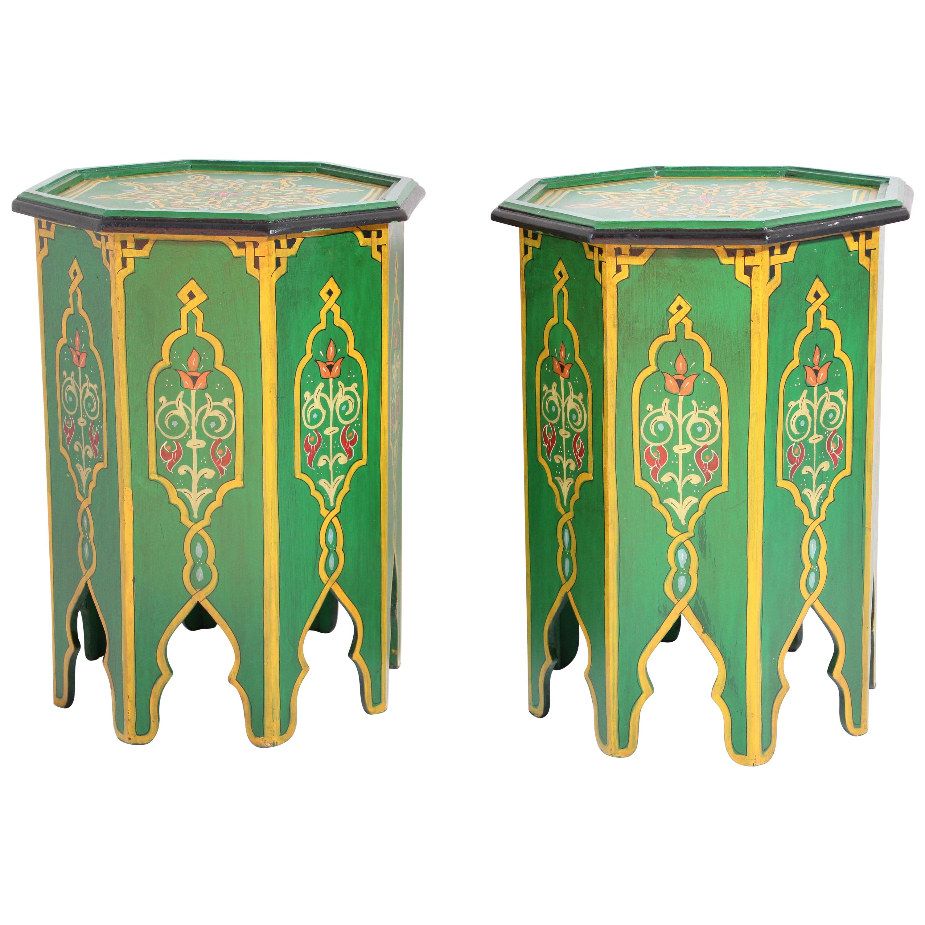 Pair of Green Moroccan Hand Painted Pedestal Tables