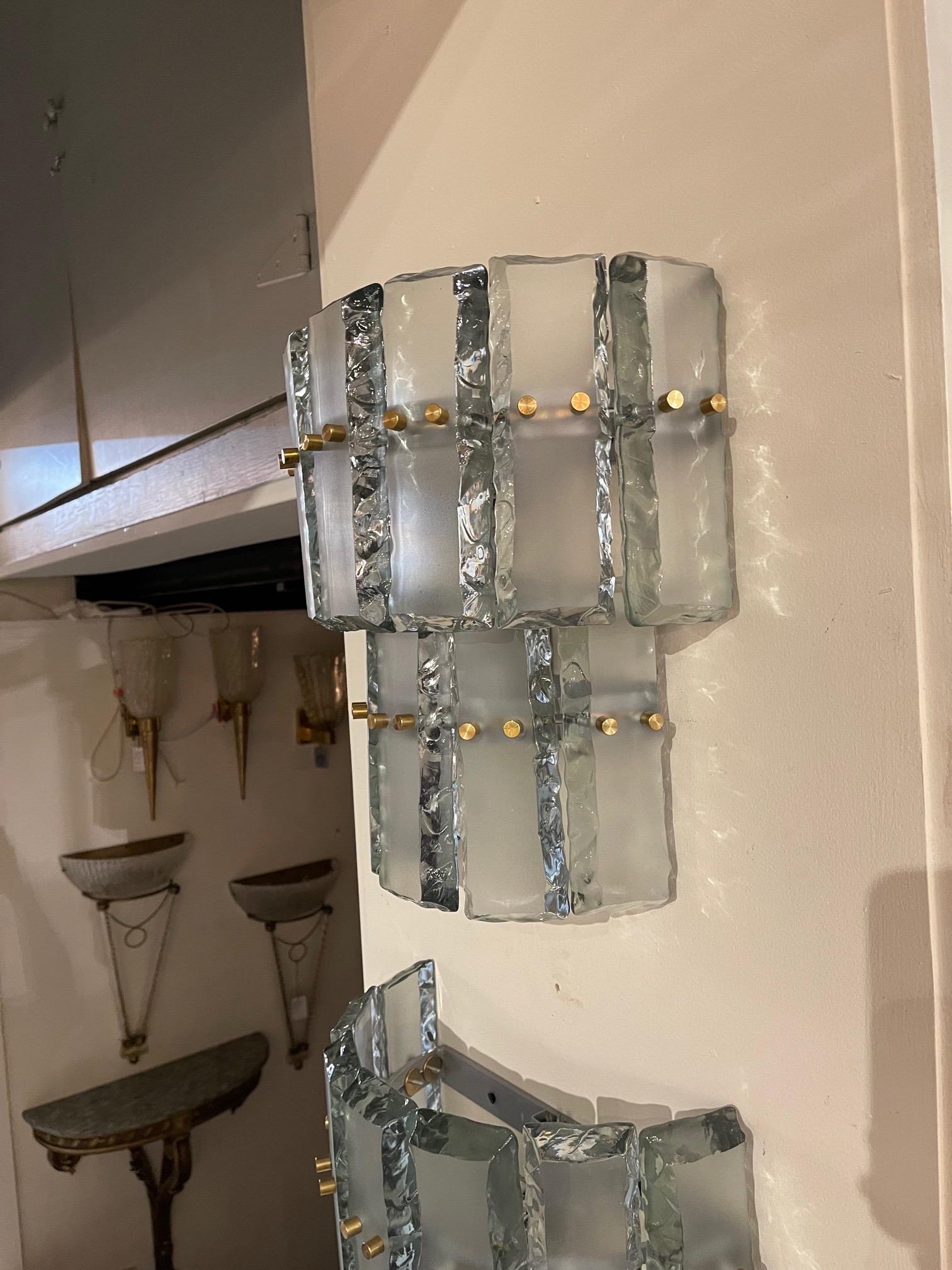 Italian Pair of Green Murano Glass and Brass Sconces