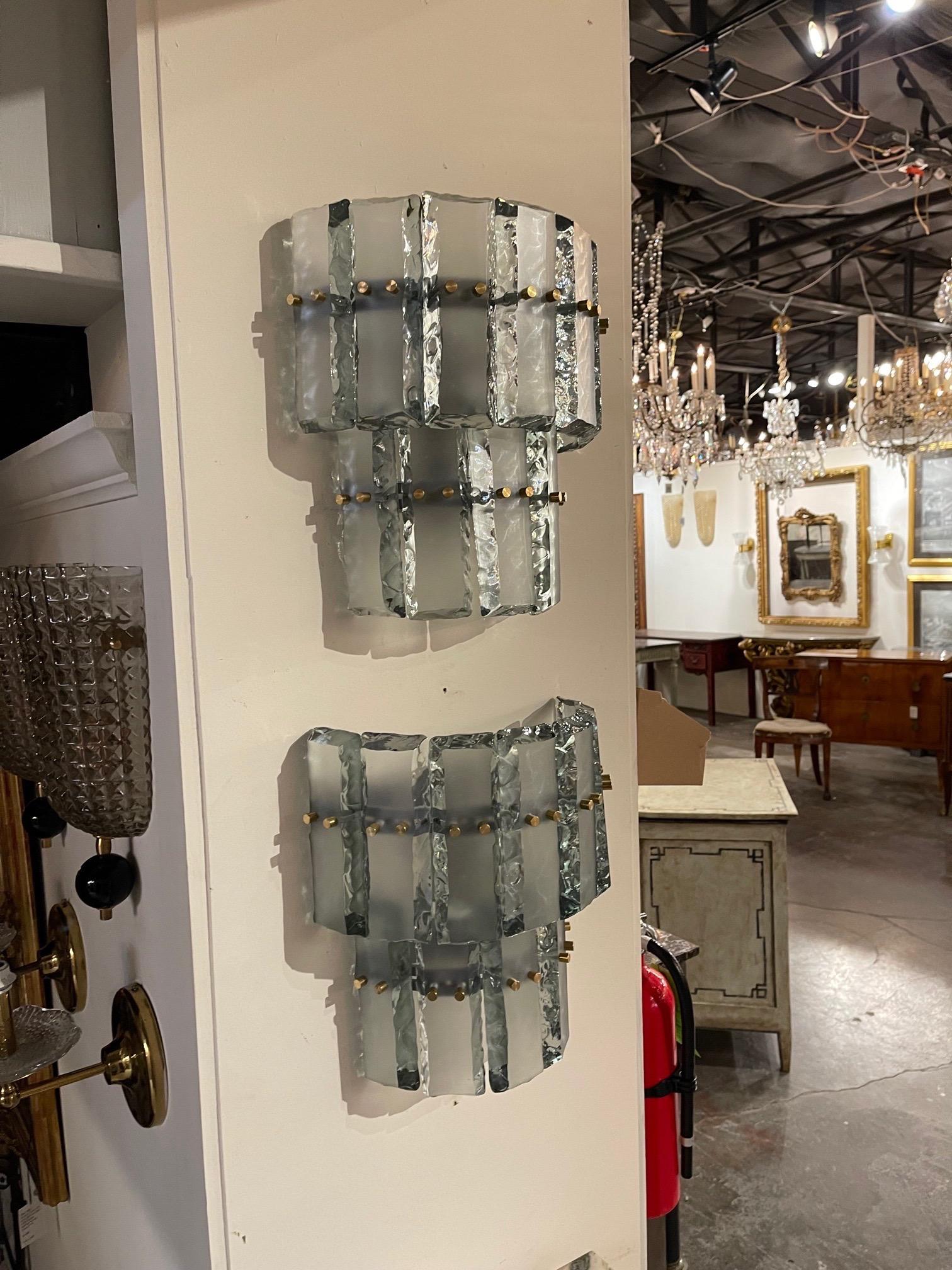 Pair of Green Murano Glass and Brass Sconces In Good Condition In Dallas, TX