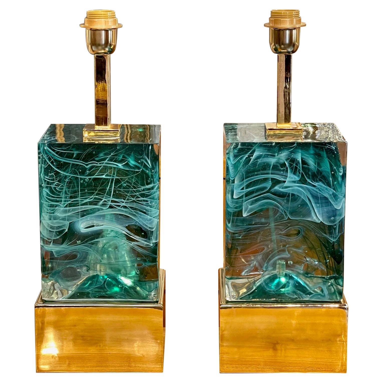 Pair of Green Murano Glass Block Lamps
