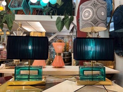 Pair of Green Murano Glass Blocks Lamps with Our Double Color Lampshades, 1970s