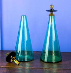 Pair of Green Murano Glass Bottles with Stoppers made in the Cristalleria Santi