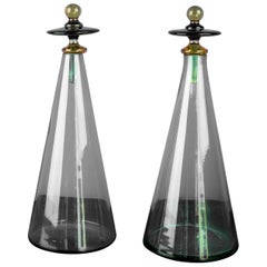 Pair of Green Murano Glass Bottles with Stoppers made in the Cristalleria Santi