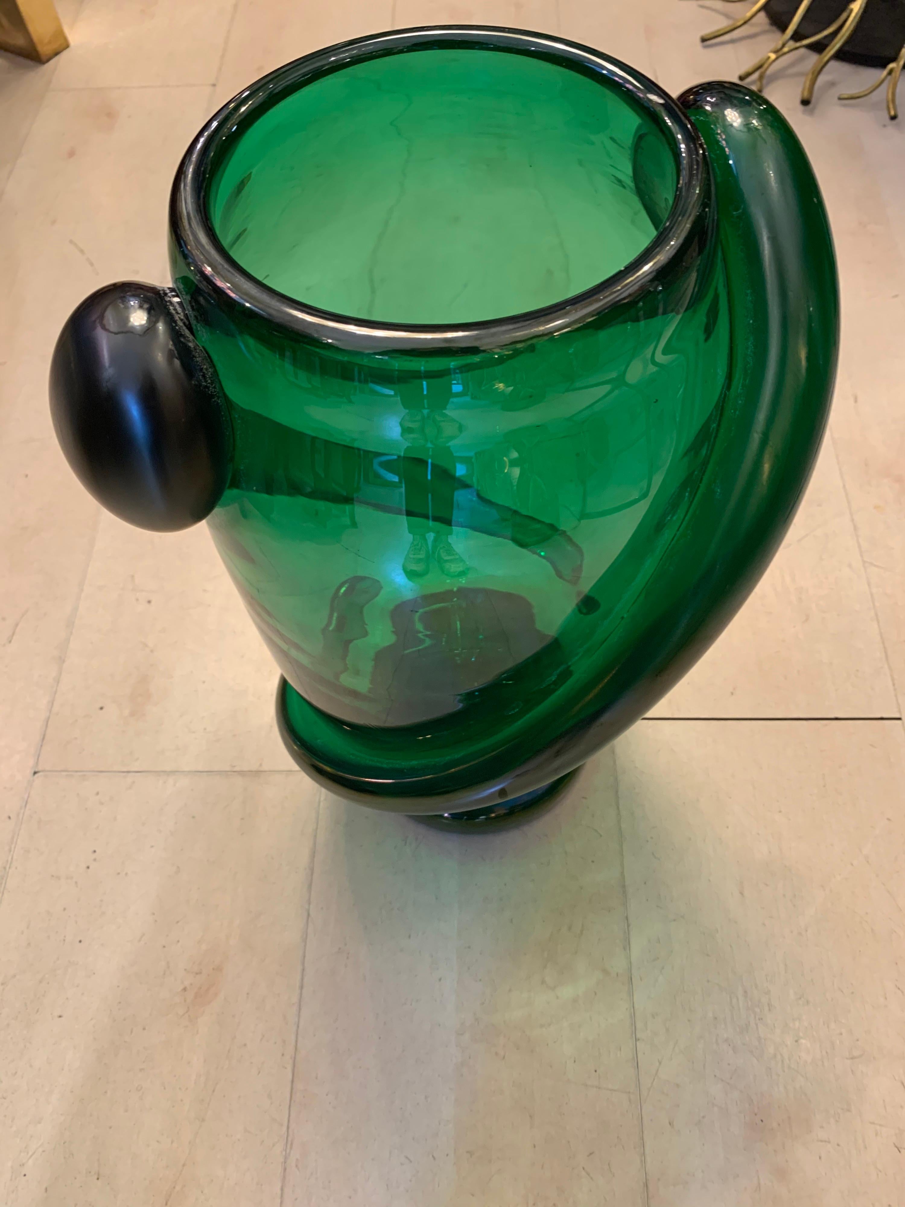 Pair of Green Murano Glass Hand Blown Iridescent Vases by Costantini, 1980s For Sale 4