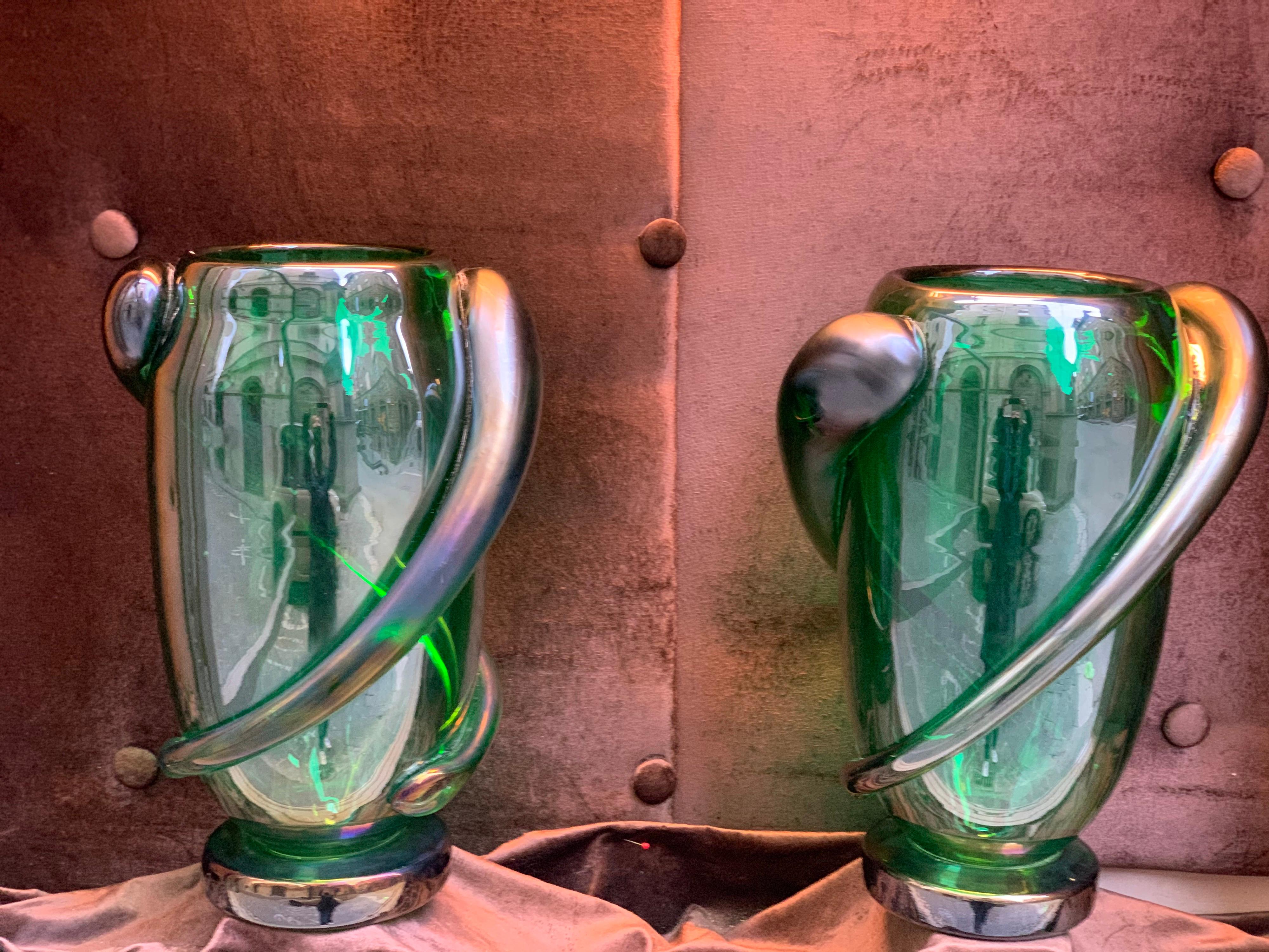 Modern Pair of Green Murano Glass Hand Blown Iridescent Vases by Costantini, 1980s