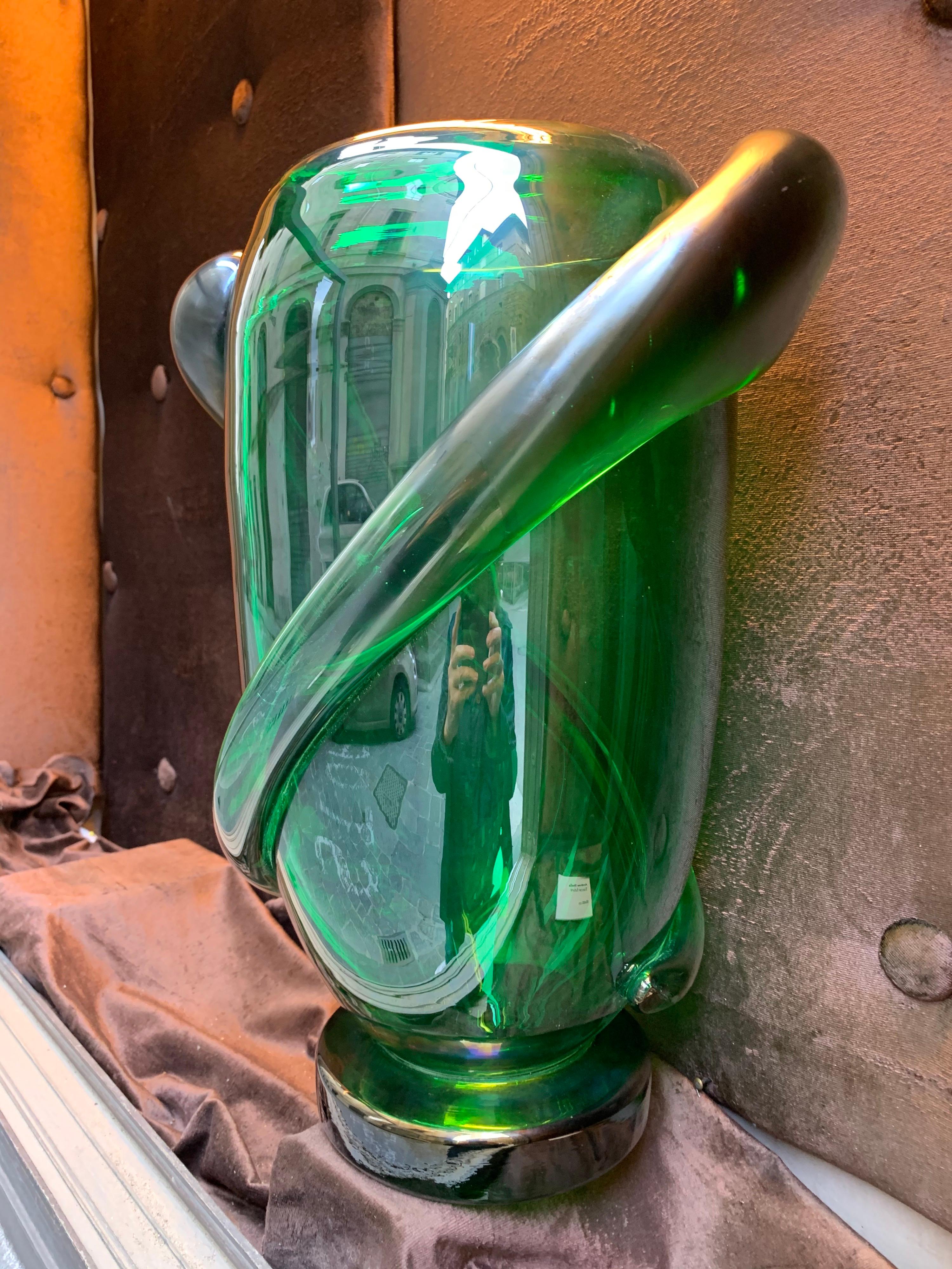 Pair of Green Murano Glass Hand Blown Iridescent Vases by Costantini, 1980s 2