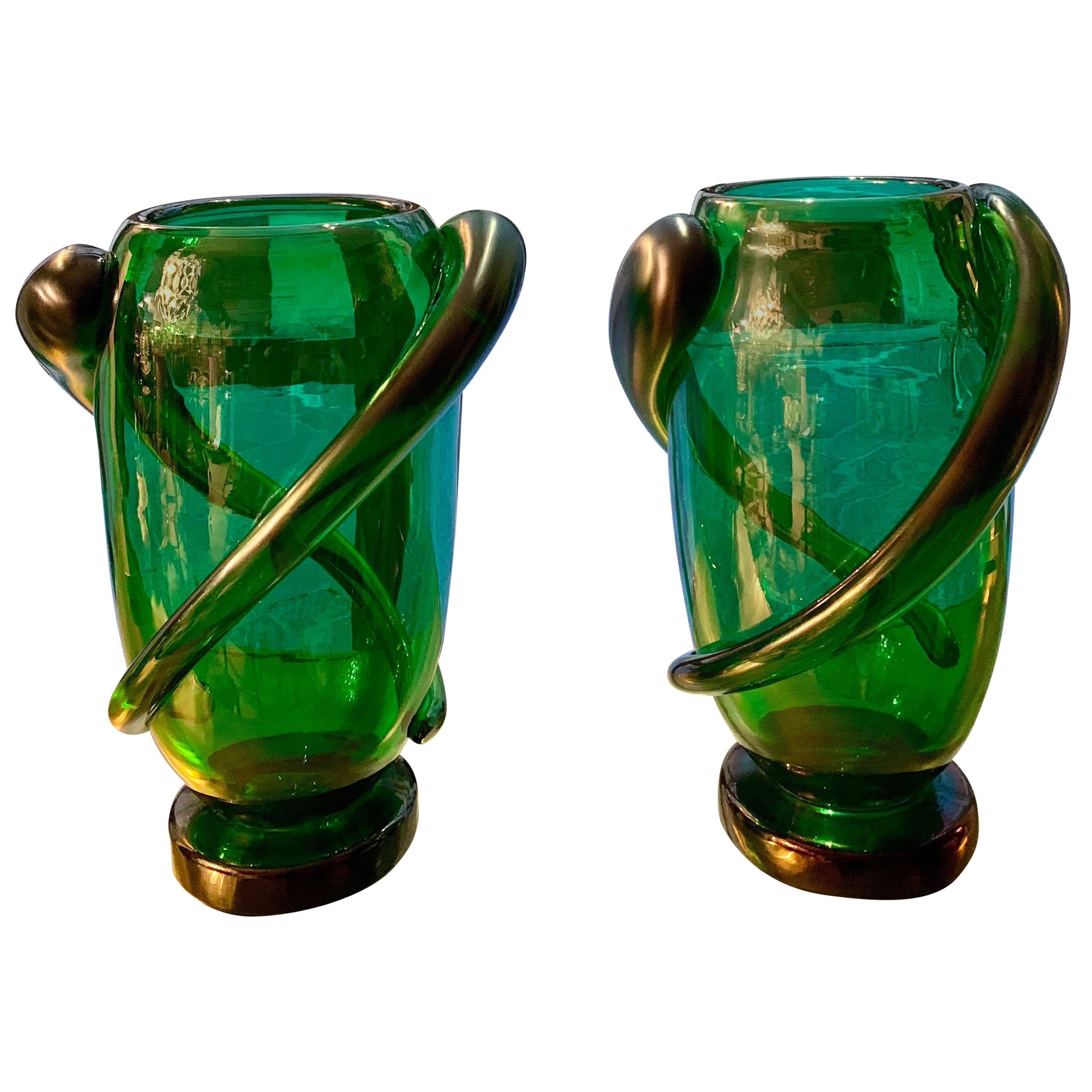 Pair of Green Murano Glass Hand Blown Iridescent Vases by Costantini, 1980s