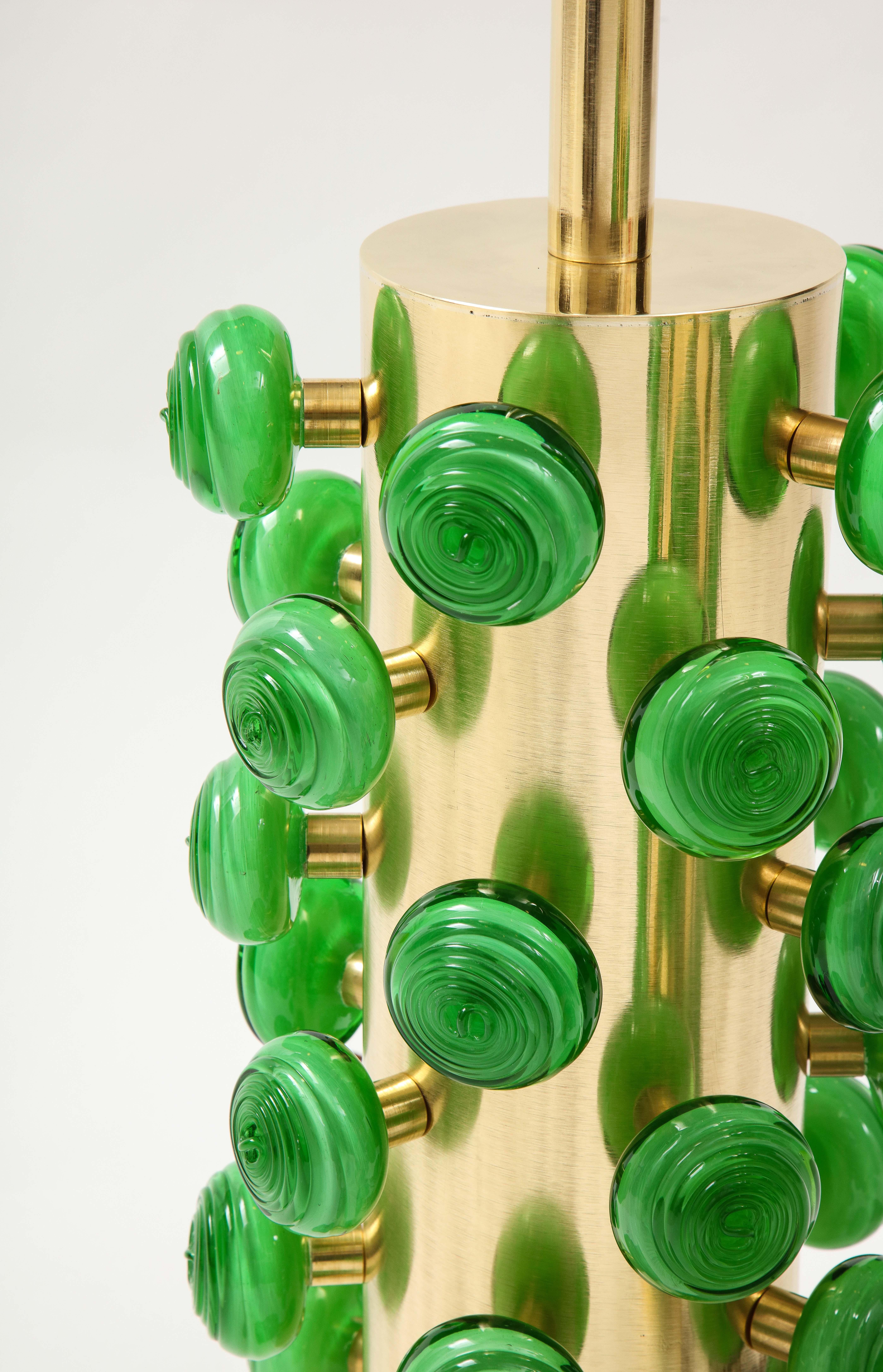 Pair of Green Murano Glass Knobs and Brass Cylinder Sculptural Lamps, Italy 2021 3