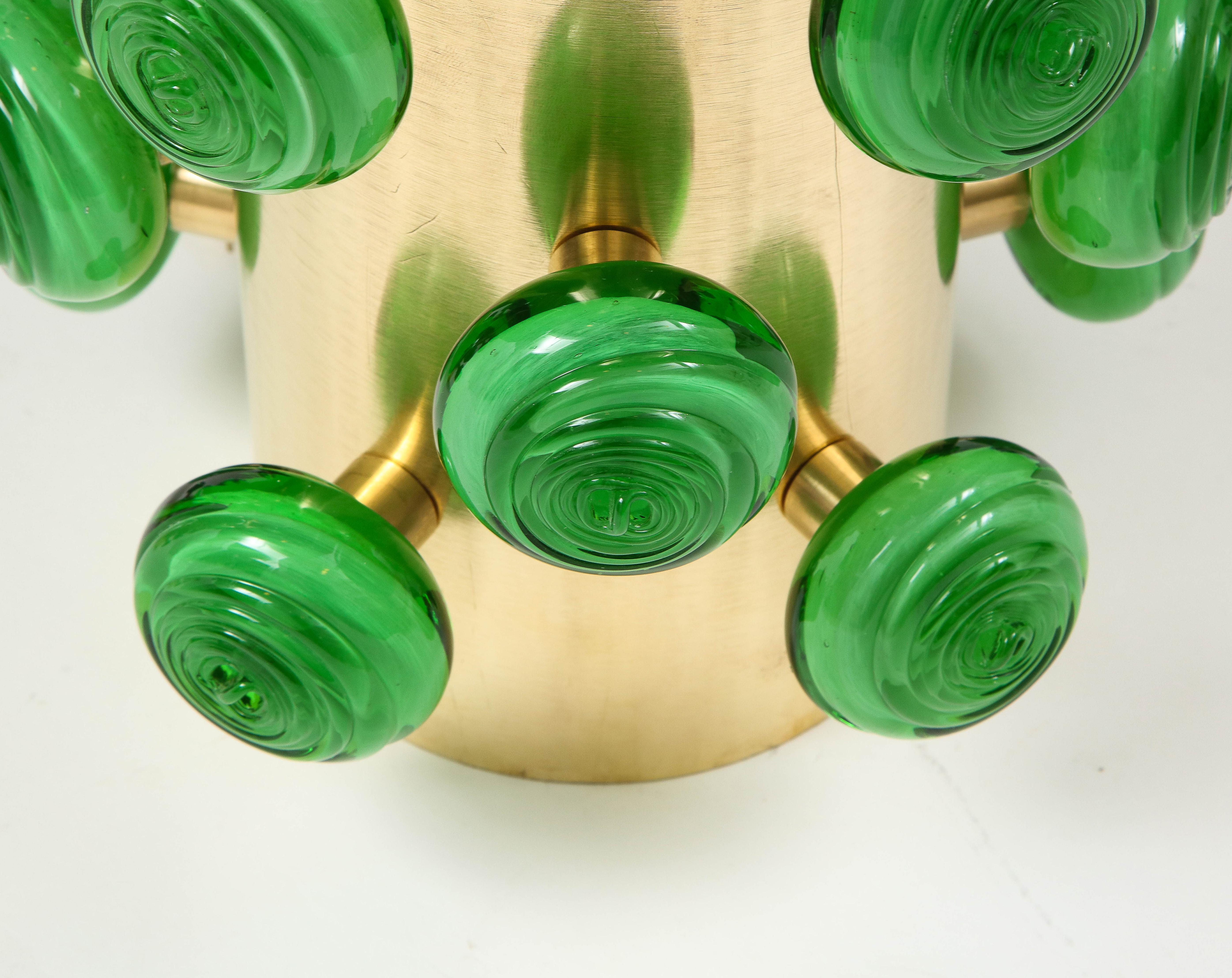 Pair of Green Murano Glass Knobs and Brass Cylinder Sculptural Lamps, Italy 2021 4