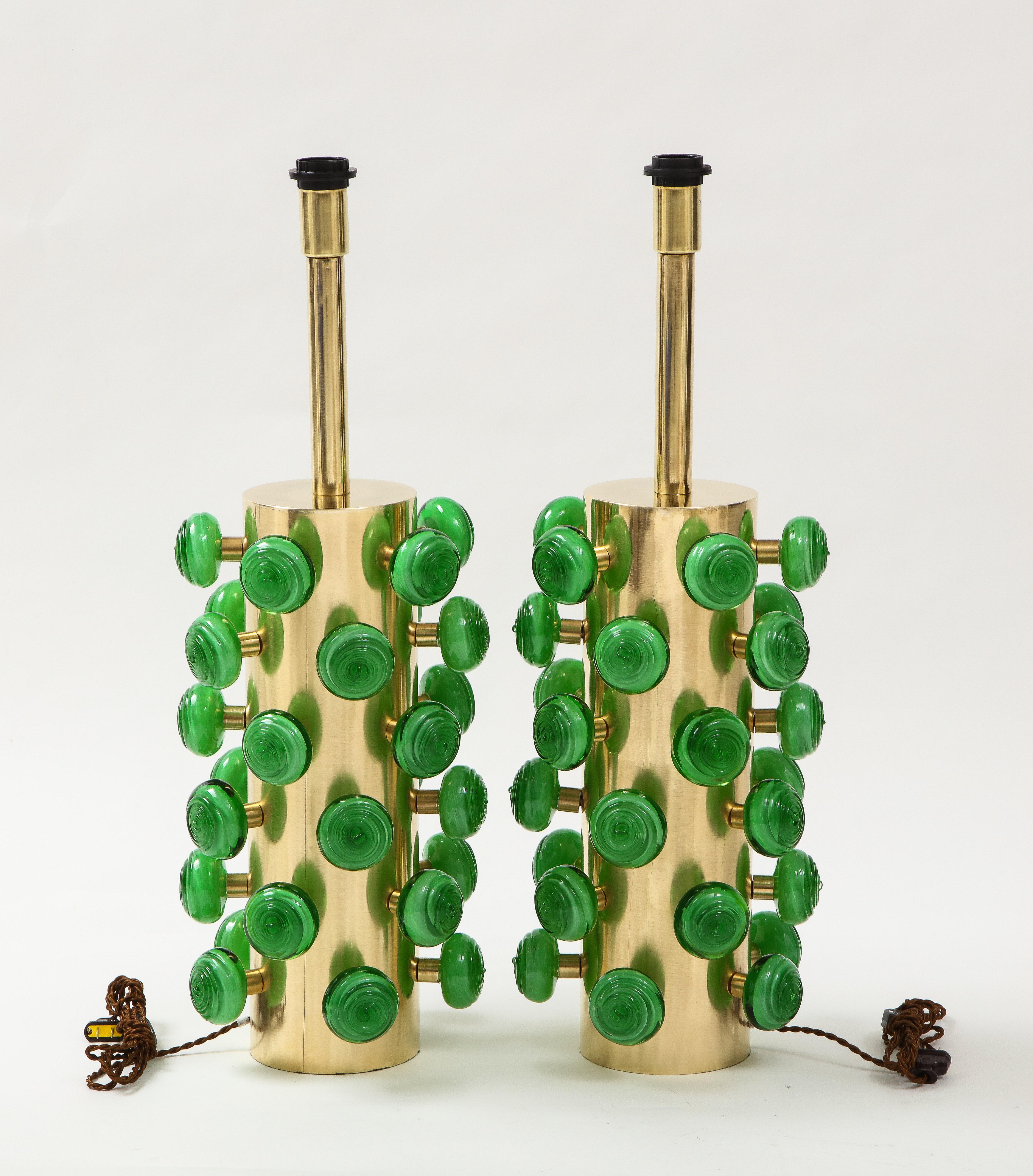 Pair of Green Murano Glass Knobs and Brass Cylinder Sculptural Lamps, Italy 2021 5