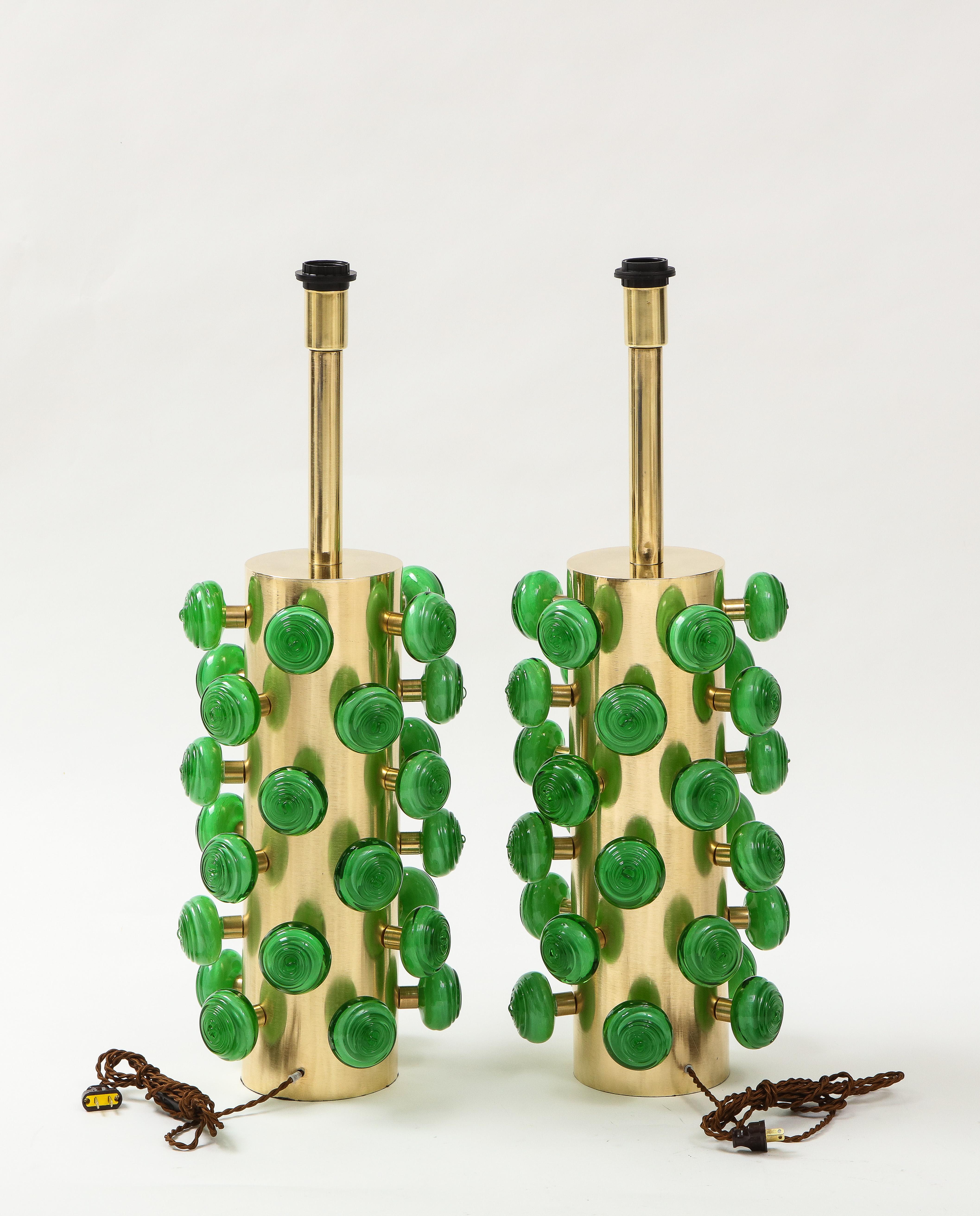 Pair of Green Murano Glass Knobs and Brass Cylinder Sculptural Lamps, Italy 2021 6