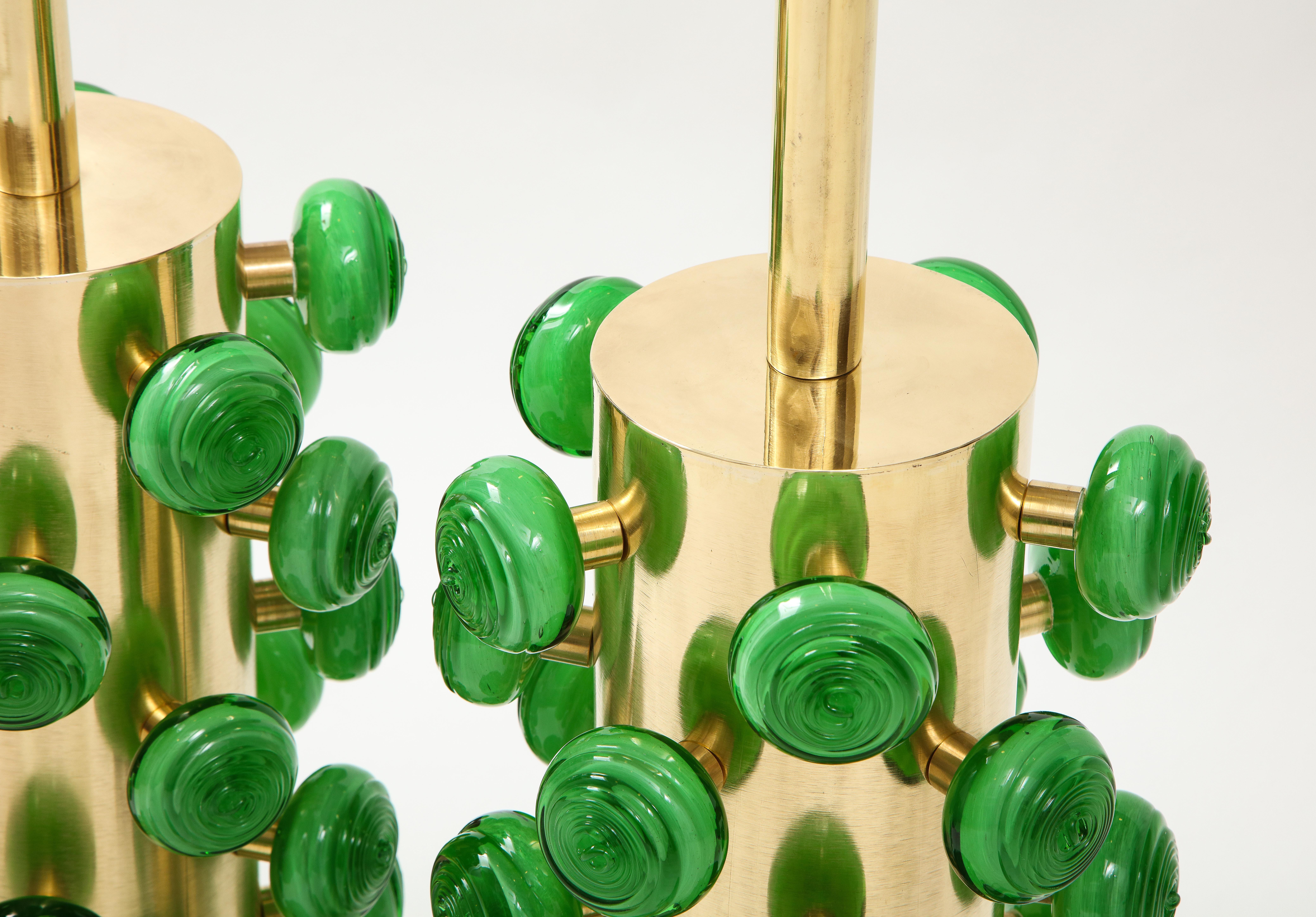 Pair of Green Murano Glass Knobs and Brass Cylinder Sculptural Lamps, Italy 2021 7