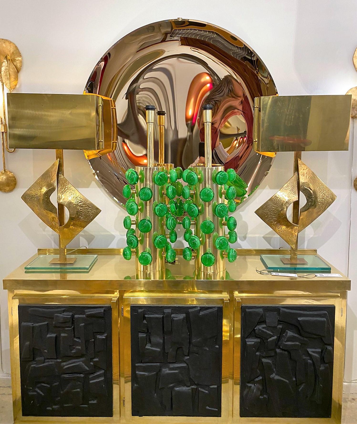 Pair of Green Murano Glass Knobs and Brass Cylinder Sculptural Lamps, Italy 2021 9