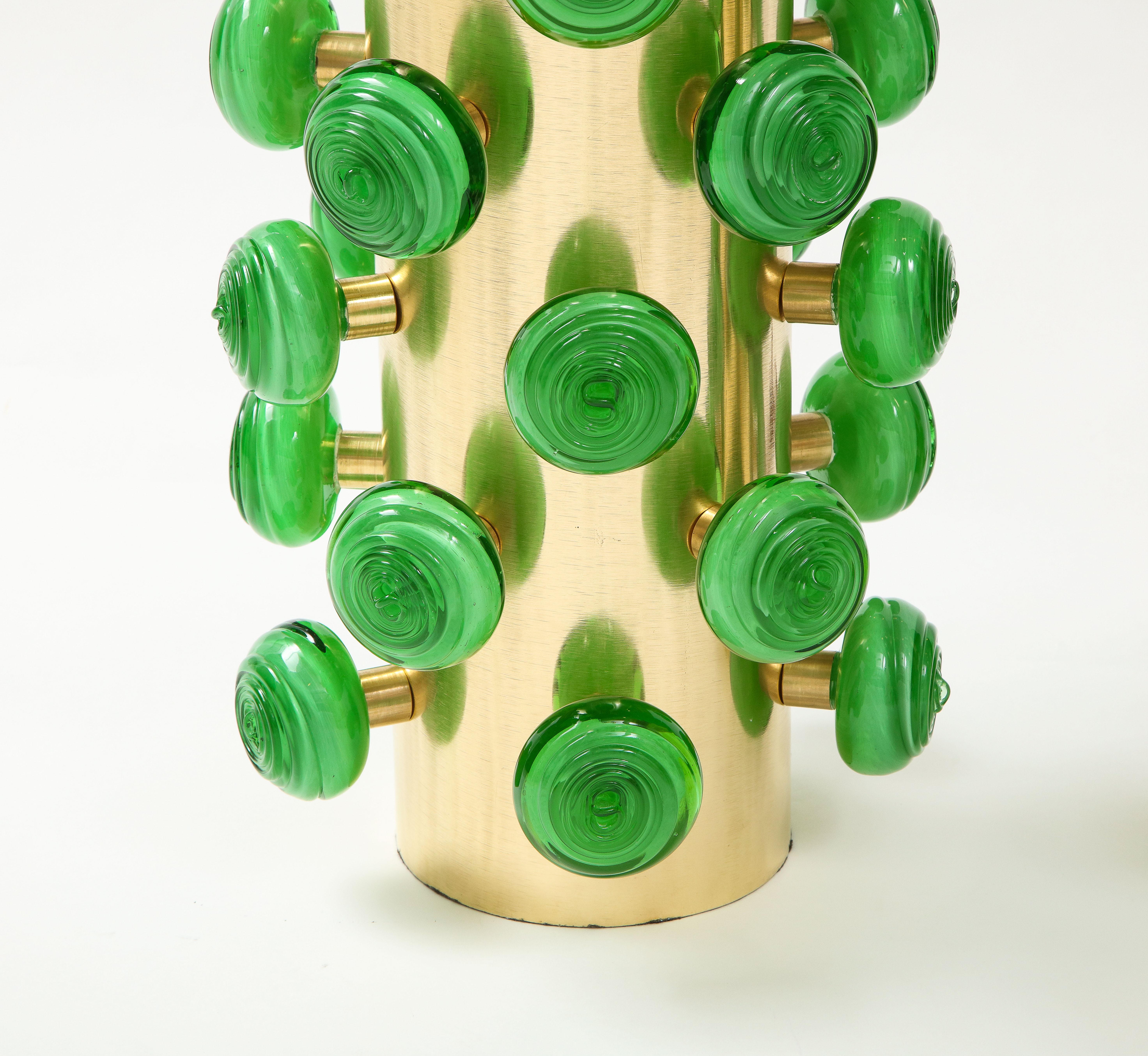 Italian Pair of Green Murano Glass Knobs and Brass Cylinder Sculptural Lamps, Italy 2021