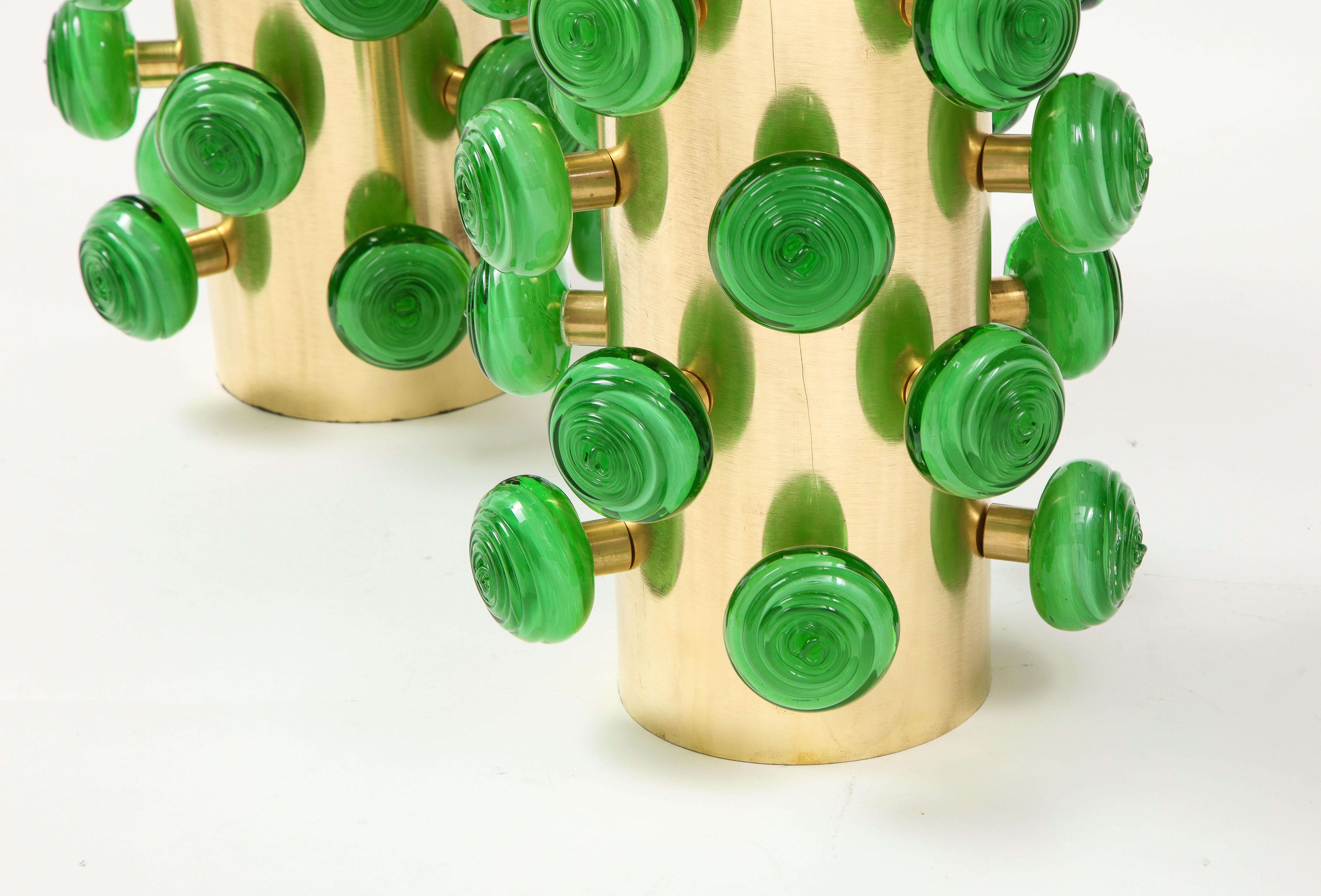 Pair of Green Murano Glass Knobs and Brass Cylinder Sculptural Lamps, Italy 2021 1