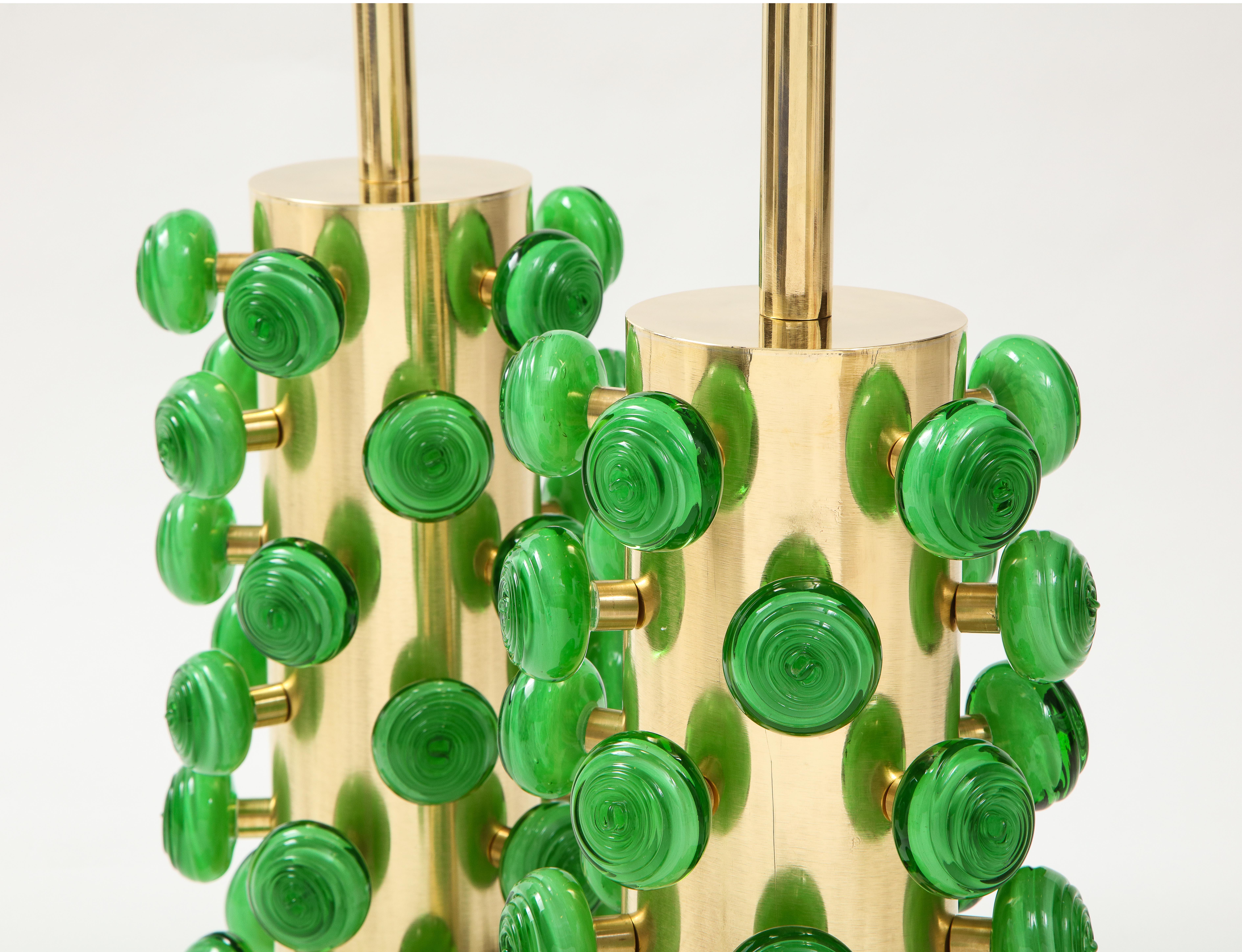 Pair of Green Murano Glass Knobs and Brass Cylinder Sculptural Lamps, Italy 2021 2