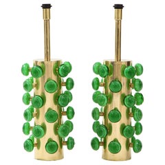 Pair of Green Murano Glass Knobs and Brass Cylinder Sculptural Lamps, Italy 2021