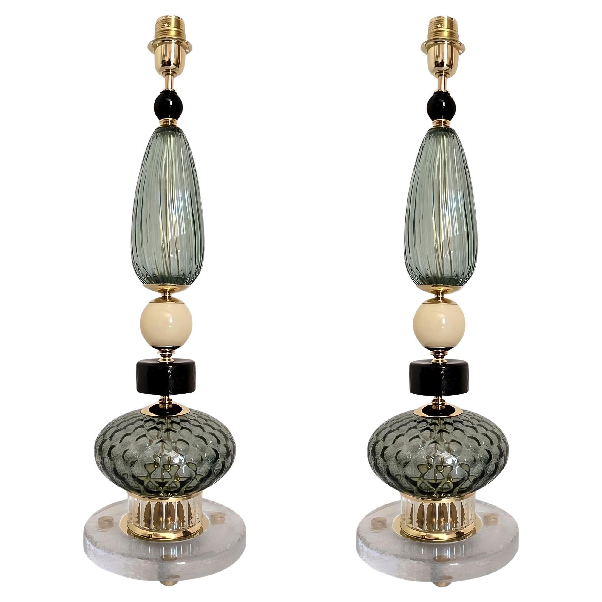 Pair of green Murano glass lamps, Italy