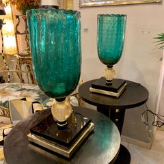 Pair of Green Murano Glass Table Lamps, Black Glass and Brass Base, 1980s