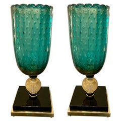 Vintage Pair of Green Murano Glass Table Lamps, Black Glass and Brass Base, 1980s