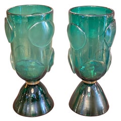 Pair of Green Murano Glass Table Lamps Iridescent Effect, 1950s