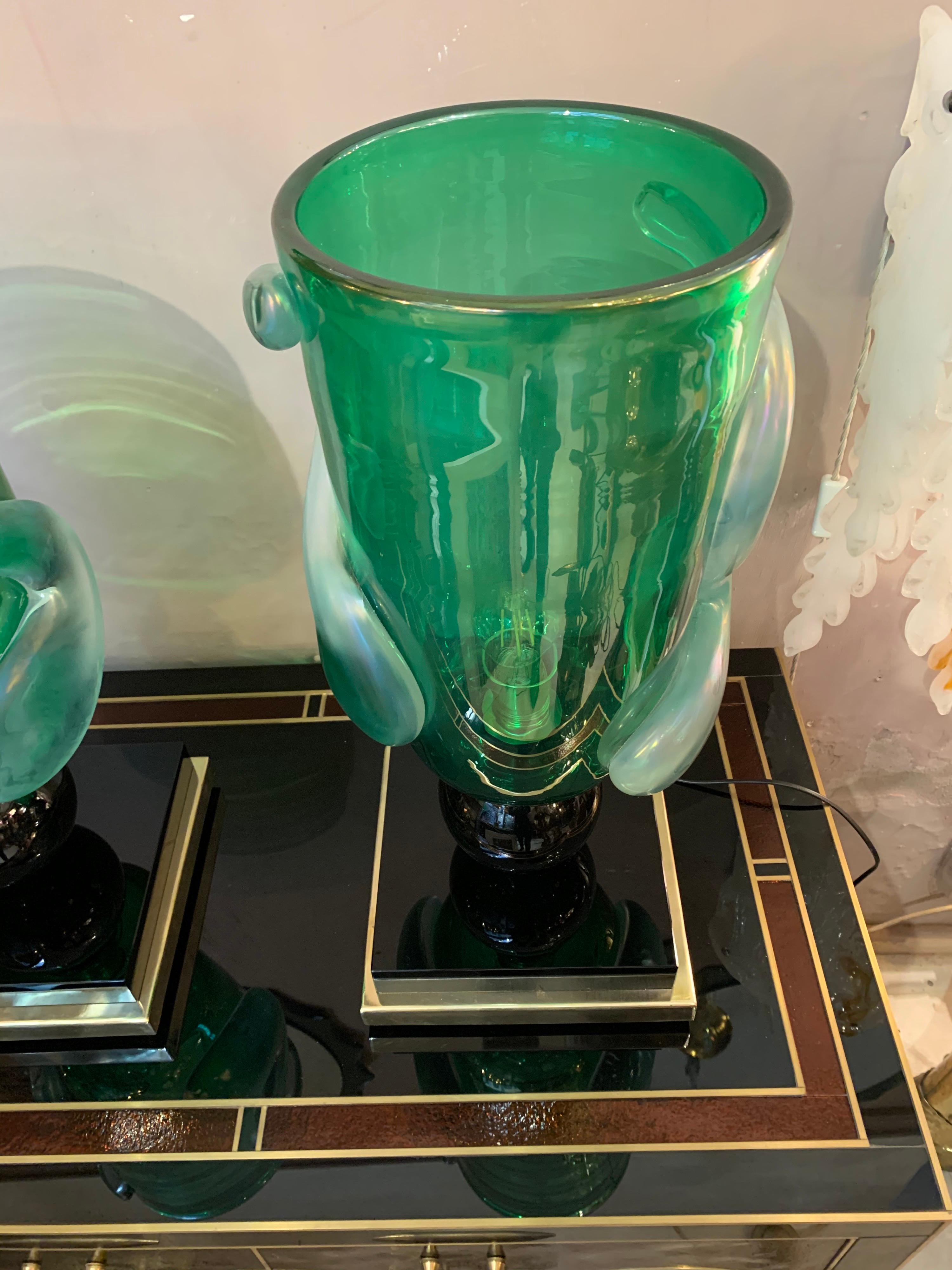 Pair of Green Murano Glass Table Lamps Signed by Costantini Murano, 1980s 9