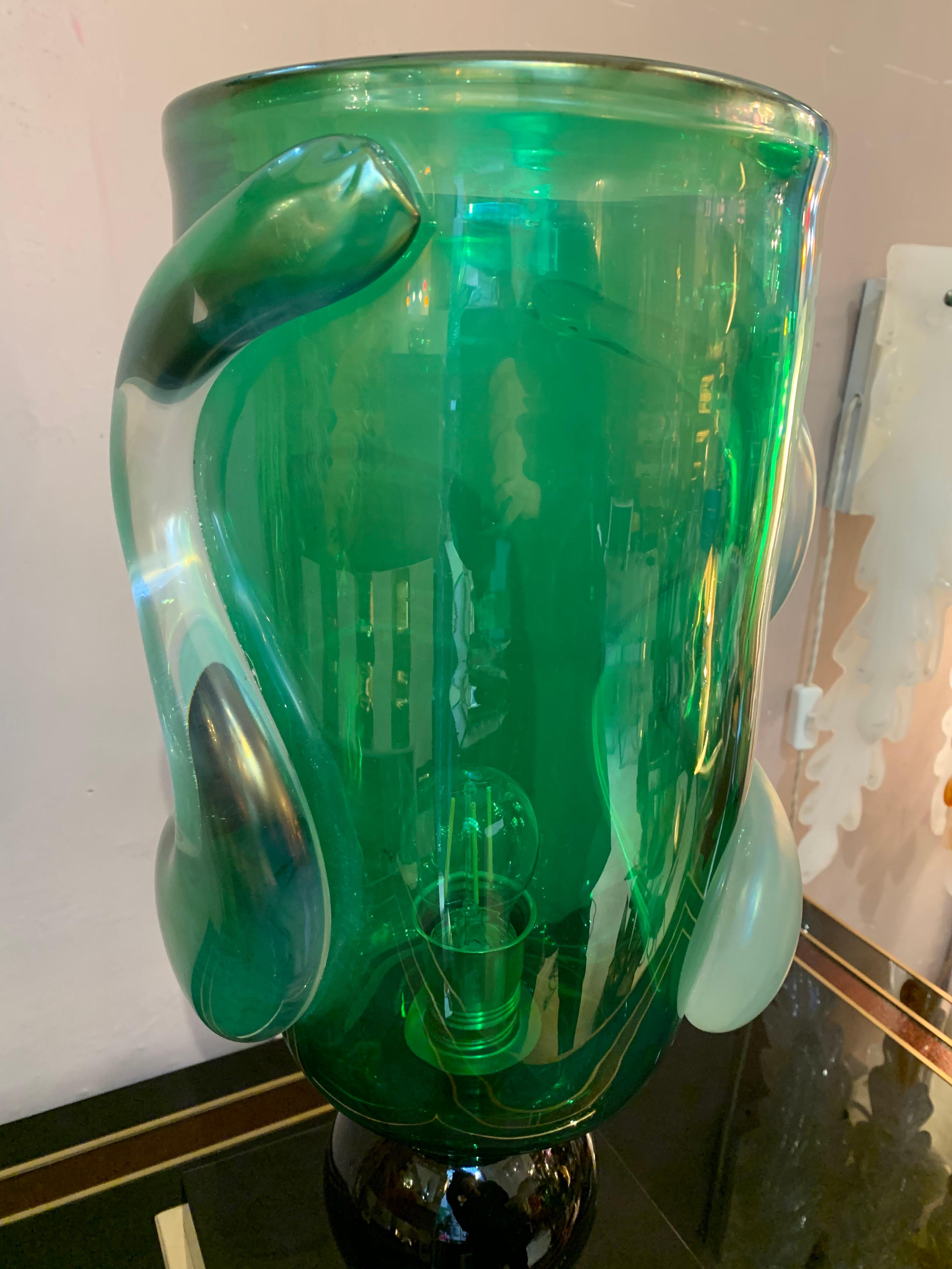 Pair of Green Murano Glass Table Lamps Signed by Costantini Murano, 1980s 12