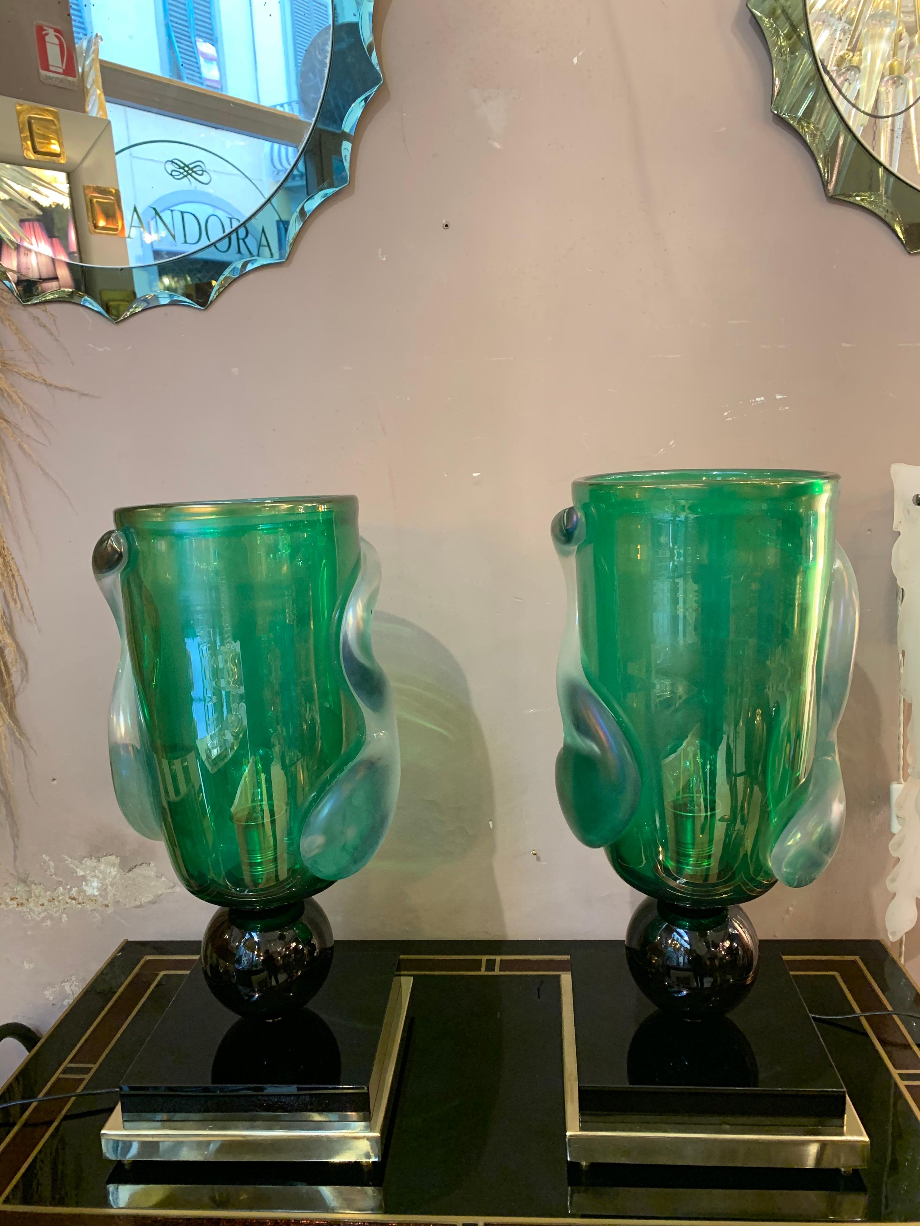 Modern Pair of Green Murano Glass Table Lamps Signed by Costantini Murano, 1980s