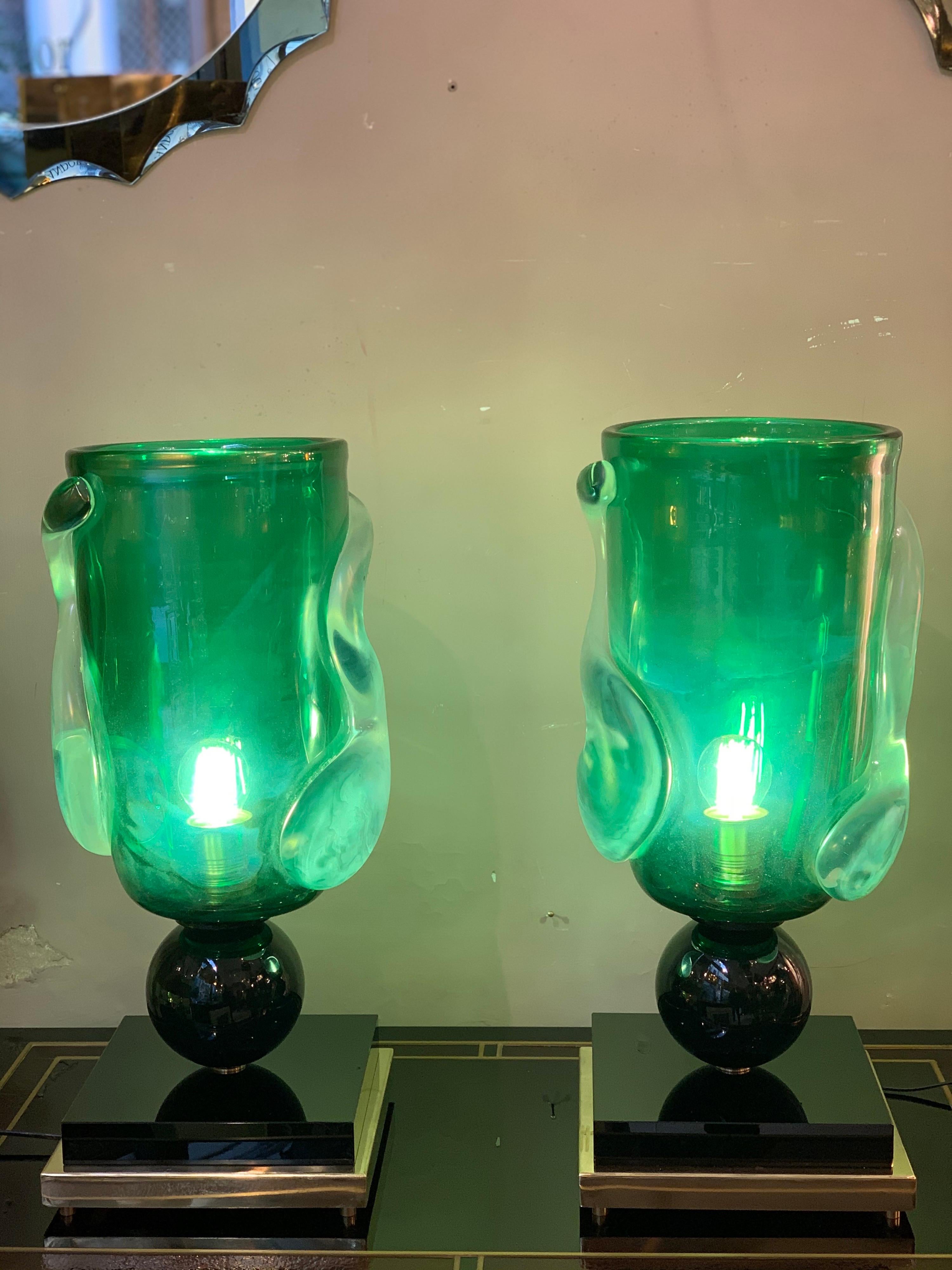 Italian Pair of Green Murano Glass Table Lamps Signed by Costantini Murano, 1980s