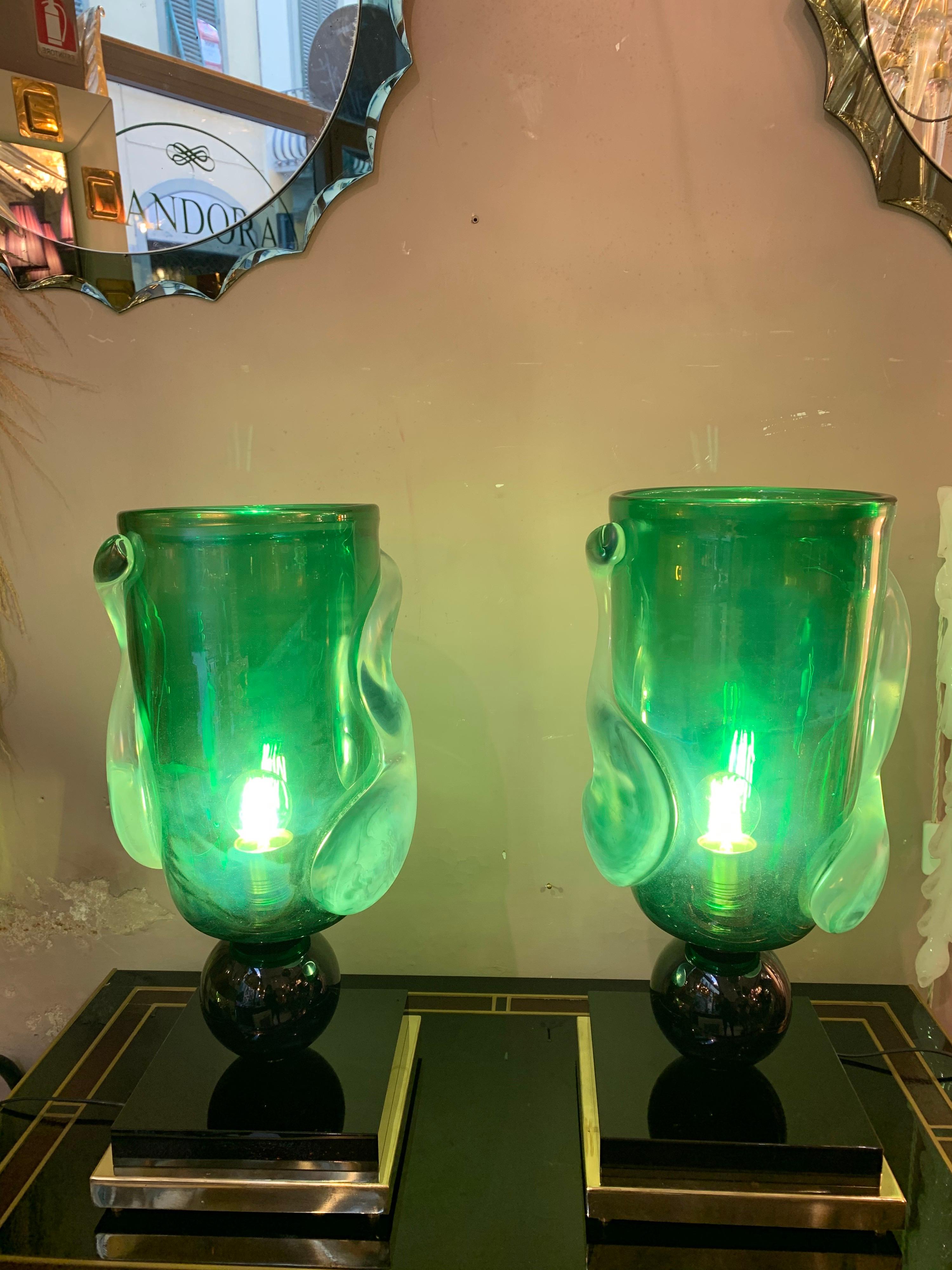 Pair of Green Murano Glass Table Lamps Signed by Costantini Murano, 1980s In Excellent Condition In Florence, IT