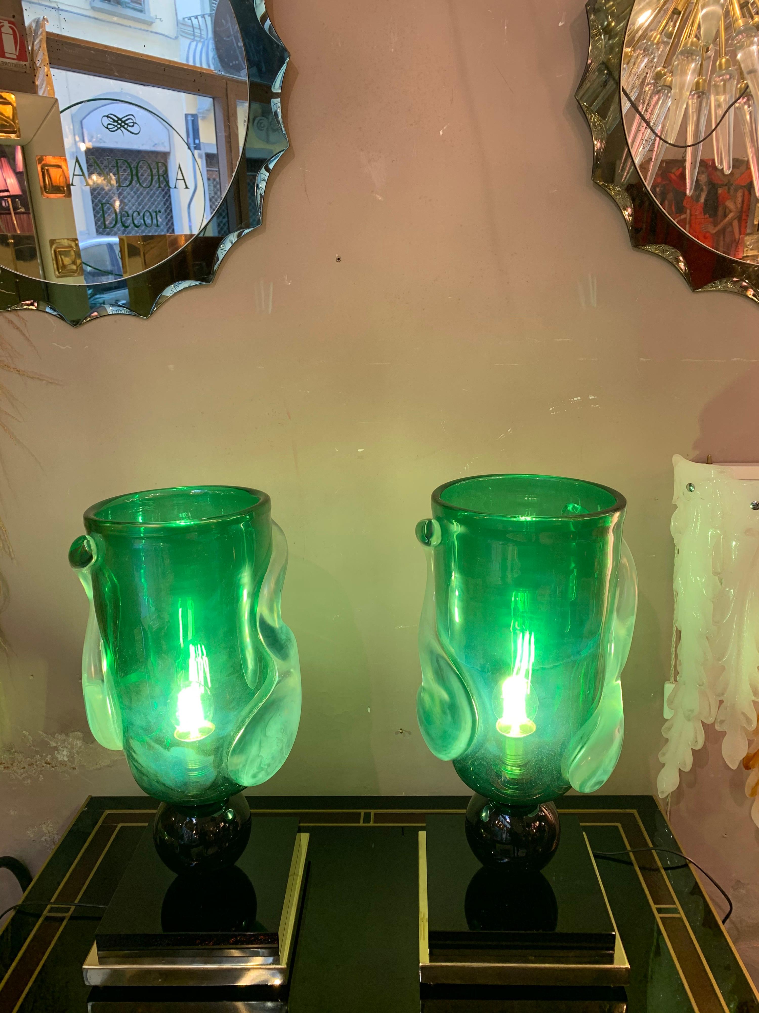 20th Century Pair of Green Murano Glass Table Lamps Signed by Costantini Murano, 1980s