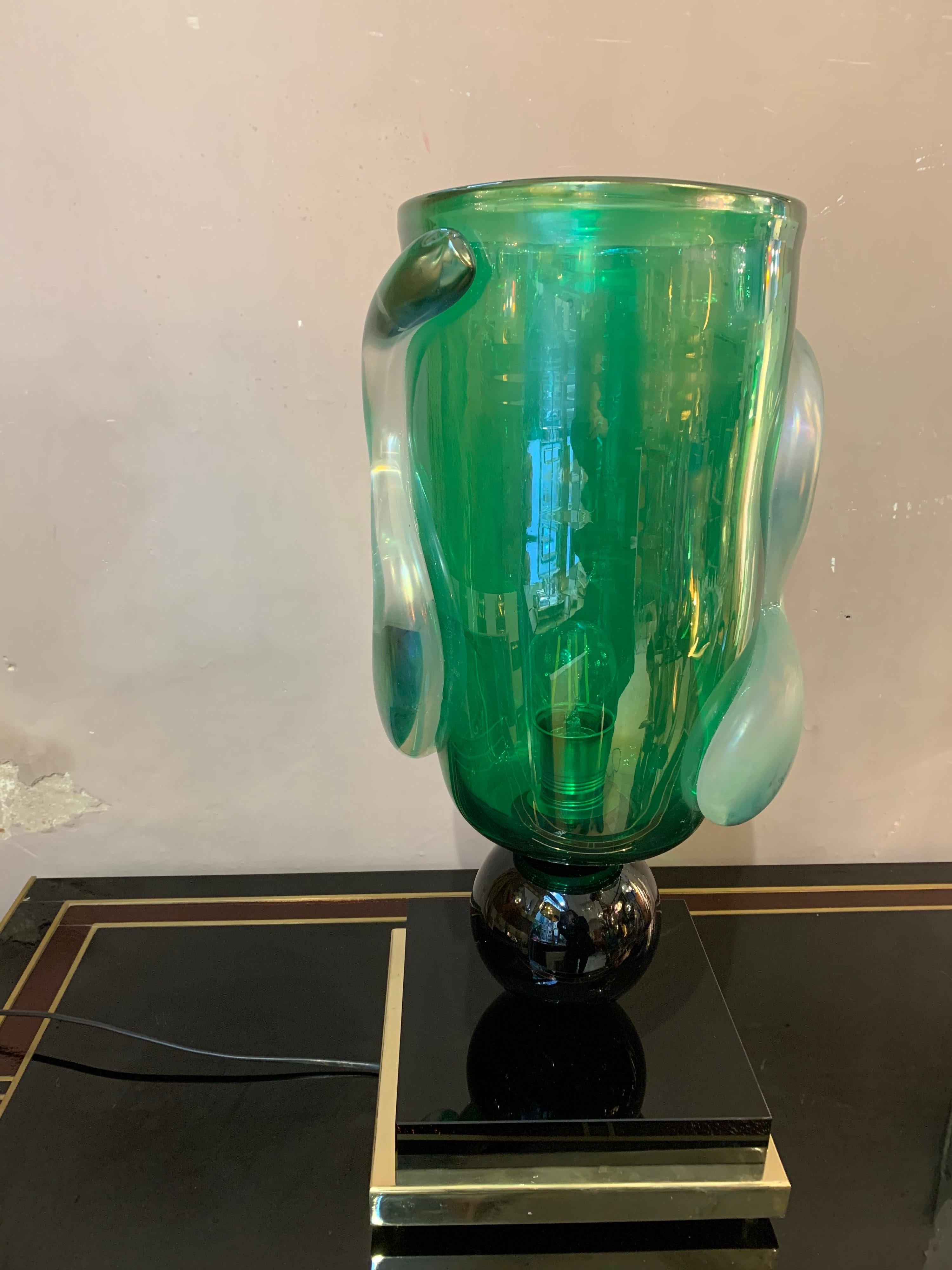 Pair of Green Murano Glass Table Lamps Signed by Costantini Murano, 1980s 1