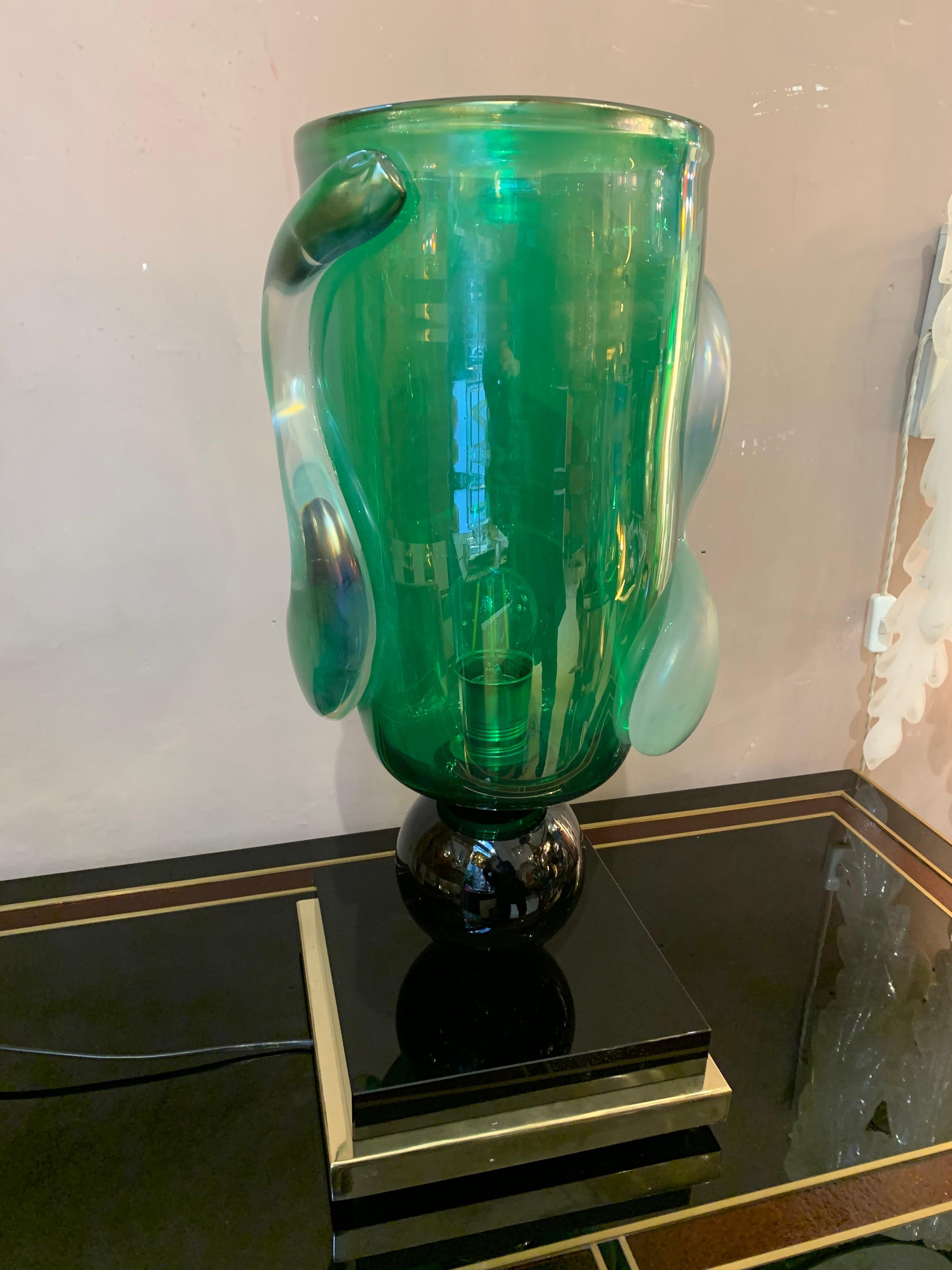 Pair of Green Murano Glass Table Lamps Signed by Costantini Murano, 1980s 2