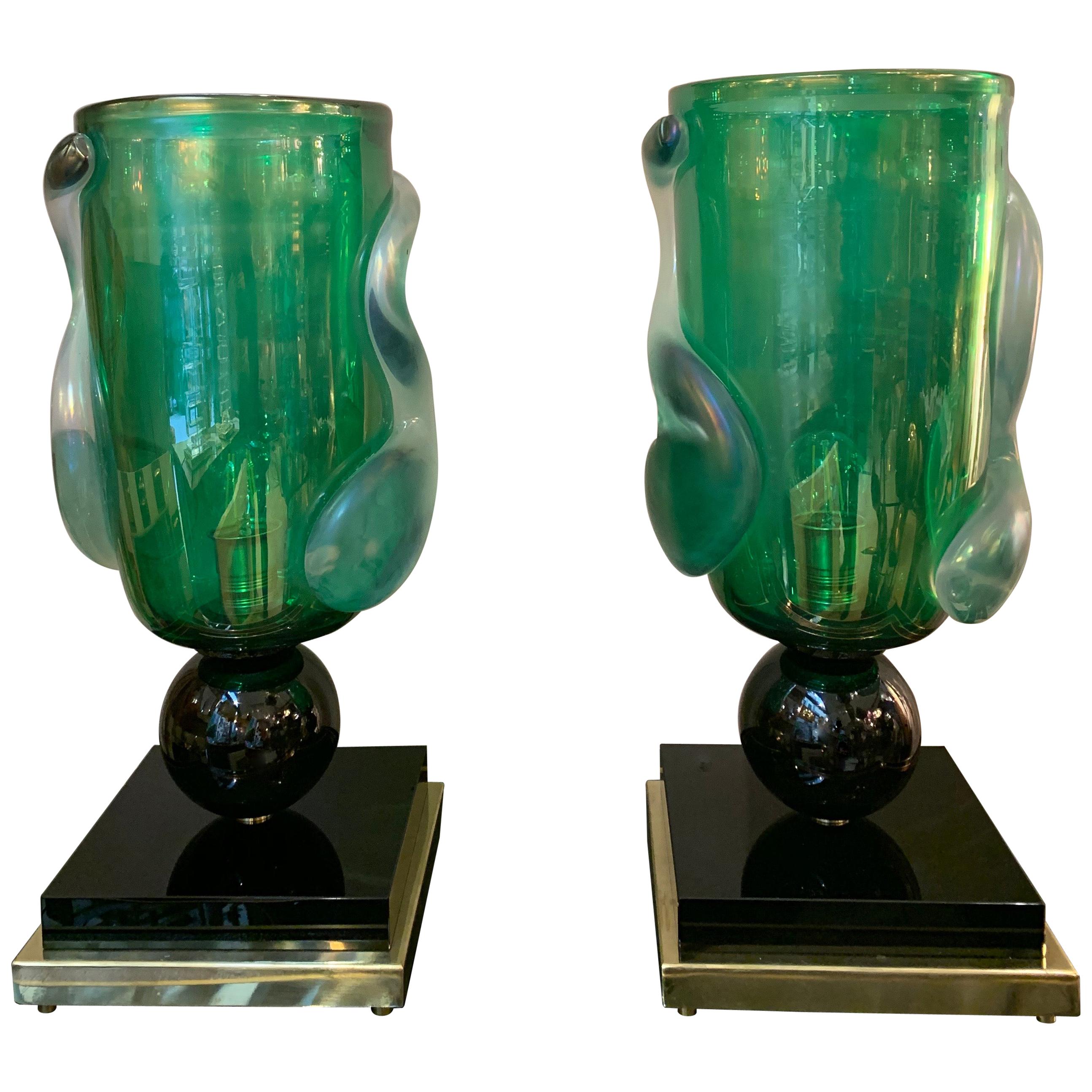 Pair of Green Murano Glass Table Lamps Signed by Costantini Murano, 1980s