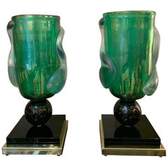 Pair of Green Murano Glass Table Lamps Signed by Costantini Murano, 1980s